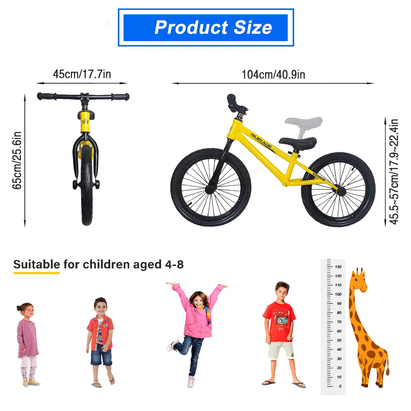 Bueuwe 16 Inch Balance Bike for Big Kids Aged 4 5 6 7 8 and 9 Years Old Boys Girls,Large No Pedal Training Bicycle, Adjustable Seat, Pneumatic Tires, Quick Assembly