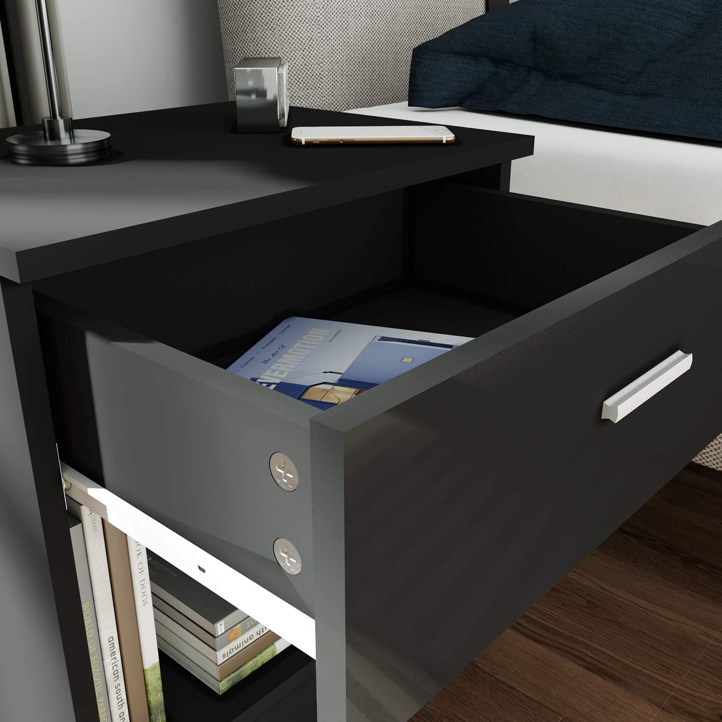 ELEGANT 3 Pieces Bedroom Furniture Sets High Gloss Soft Close Wardrobe with Mirror + 4 Storage Drawer Chest of Drawers Bedside Cabinet, Black and Set