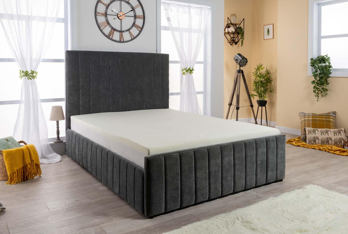 Grey Velvet Ottoman Storage Bed (Gas Lift), Sleep Factorys Ferrera Grey Naples Velvet Modern Bed - 4ft Small Double (120 x 190 cm) with Memory Sprung Mattress