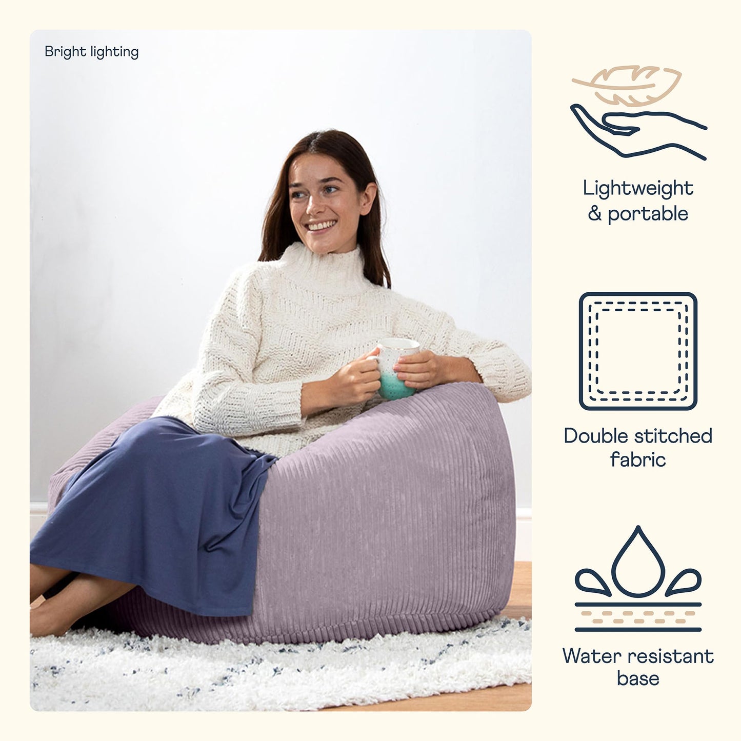icon Kingston Cord Bean Bag, Beige, Large Adult Bean Bag Chair with Filling Included, Comfy Chair, Living Room Furniture, Bedroom Furniture