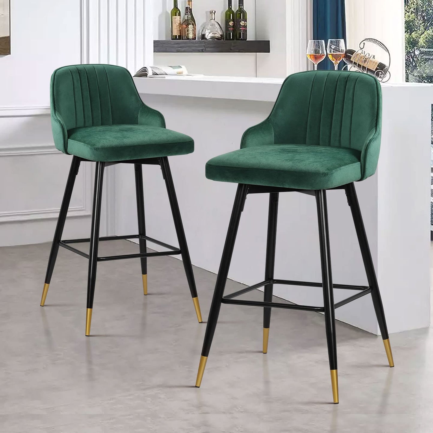 Bekrvio Upgraded Velvet Bar Stools Set of 2 – 360° Swivel Bar Chairs with Back & Footrest, Modern Kitchen Island Breakfast Stools, Support 150kg – New Version, Black