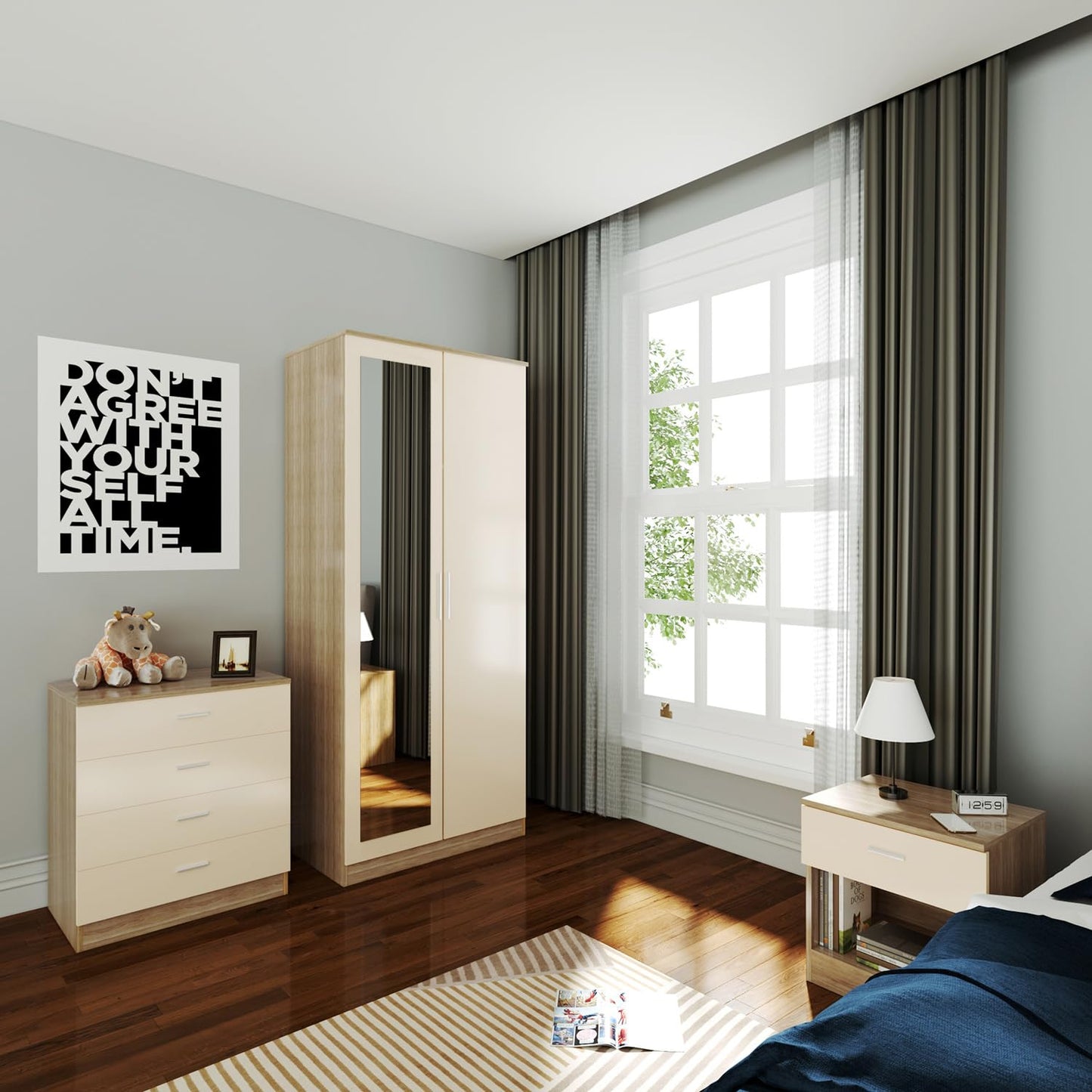 ELEGANT 3 Pieces Bedroom Furniture Sets High Gloss Soft Close Wardrobe with Mirror + 4 Storage Drawer Chest of Drawers Bedside Cabinet, Black and Set