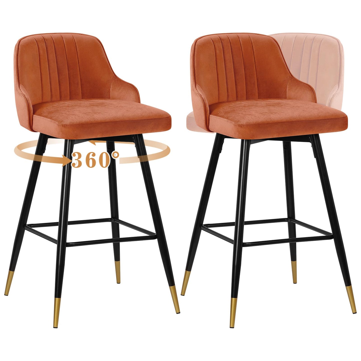 Bekrvio Upgraded Velvet Bar Stools Set of 2 – 360° Swivel Bar Chairs with Back & Footrest, Modern Kitchen Island Breakfast Stools, Support 150kg – New Version, Black