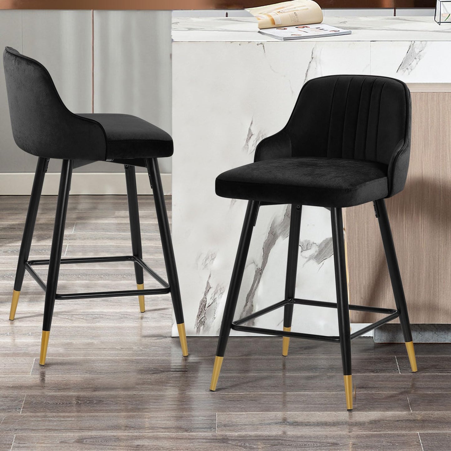 Bekrvio Upgraded Velvet Bar Stools Set of 2 – 360° Swivel Bar Chairs with Back & Footrest, Modern Kitchen Island Breakfast Stools, Support 150kg – New Version, Black