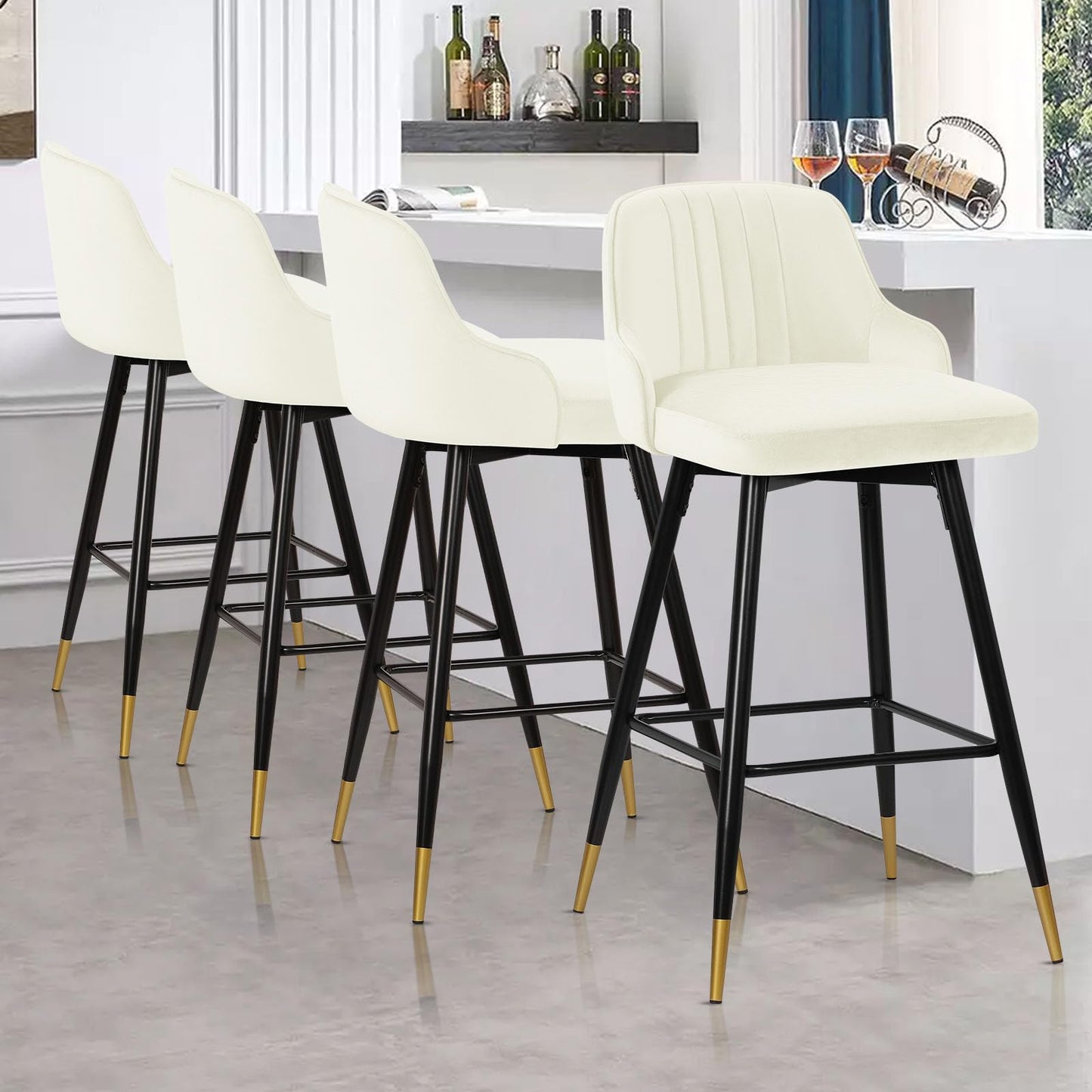 Bekrvio Upgraded Velvet Bar Stools Set of 2 – 360° Swivel Bar Chairs with Back & Footrest, Modern Kitchen Island Breakfast Stools, Support 150kg – New Version, Black
