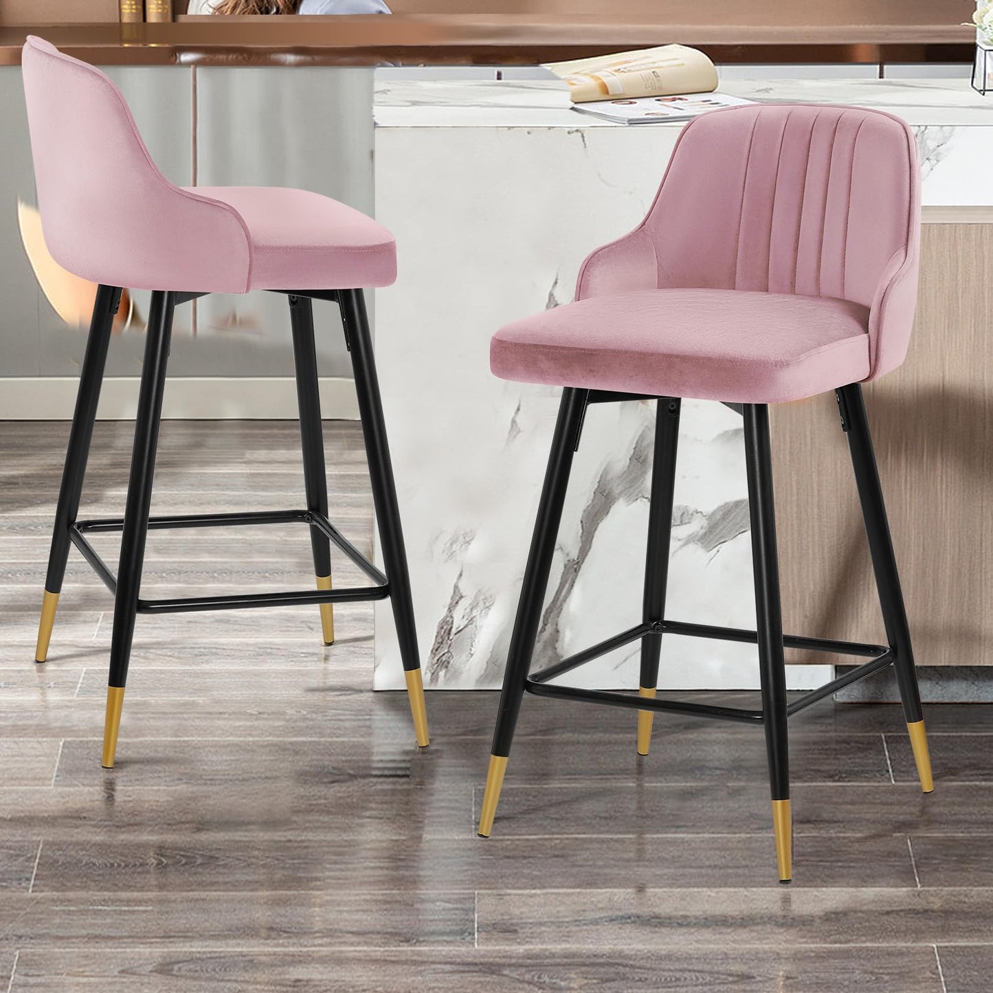 Bekrvio Upgraded Velvet Bar Stools Set of 2 – 360° Swivel Bar Chairs with Back & Footrest, Modern Kitchen Island Breakfast Stools, Support 150kg – New Version, Black