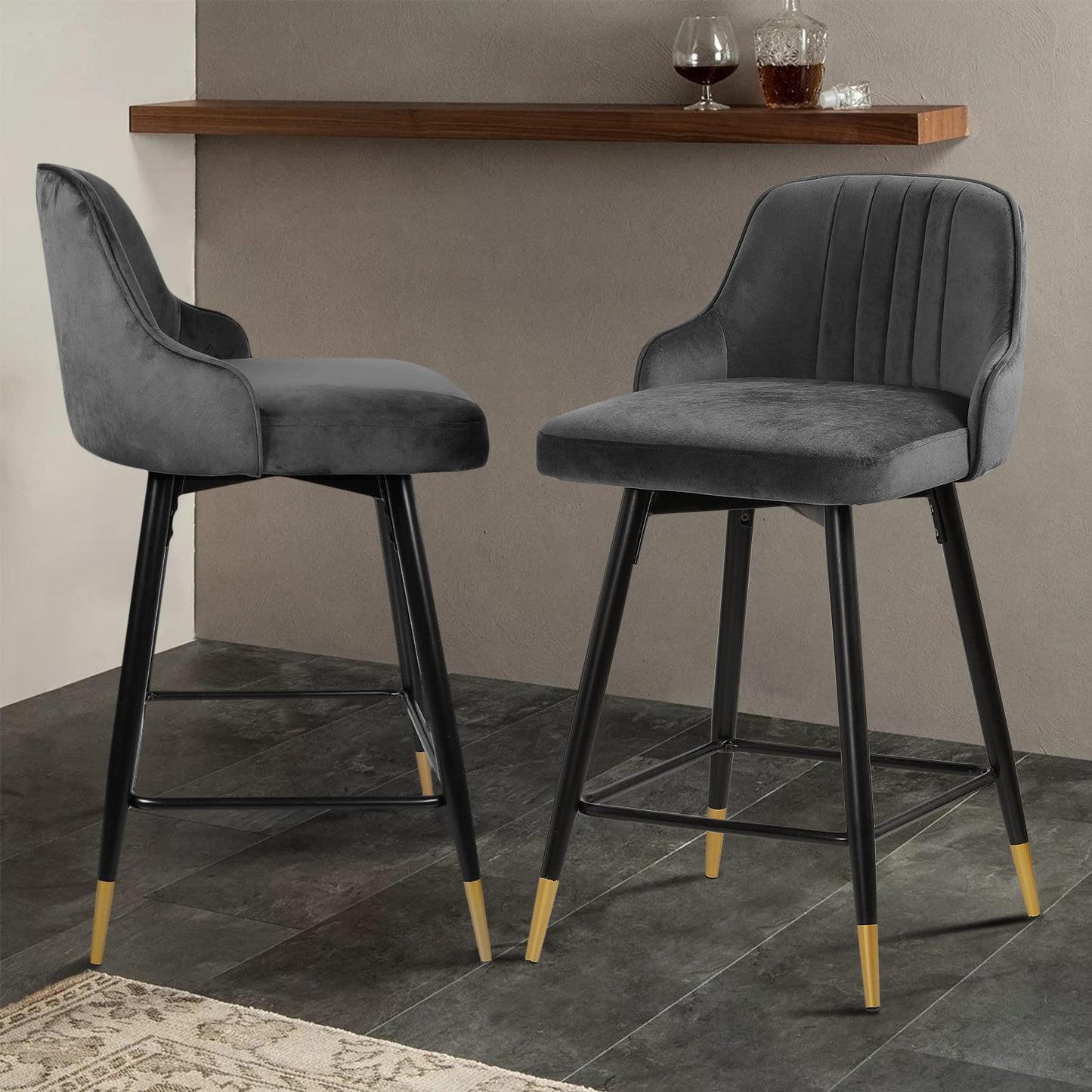 Bekrvio Upgraded Velvet Bar Stools Set of 2 – 360° Swivel Bar Chairs with Back & Footrest, Modern Kitchen Island Breakfast Stools, Support 150kg – New Version, Black