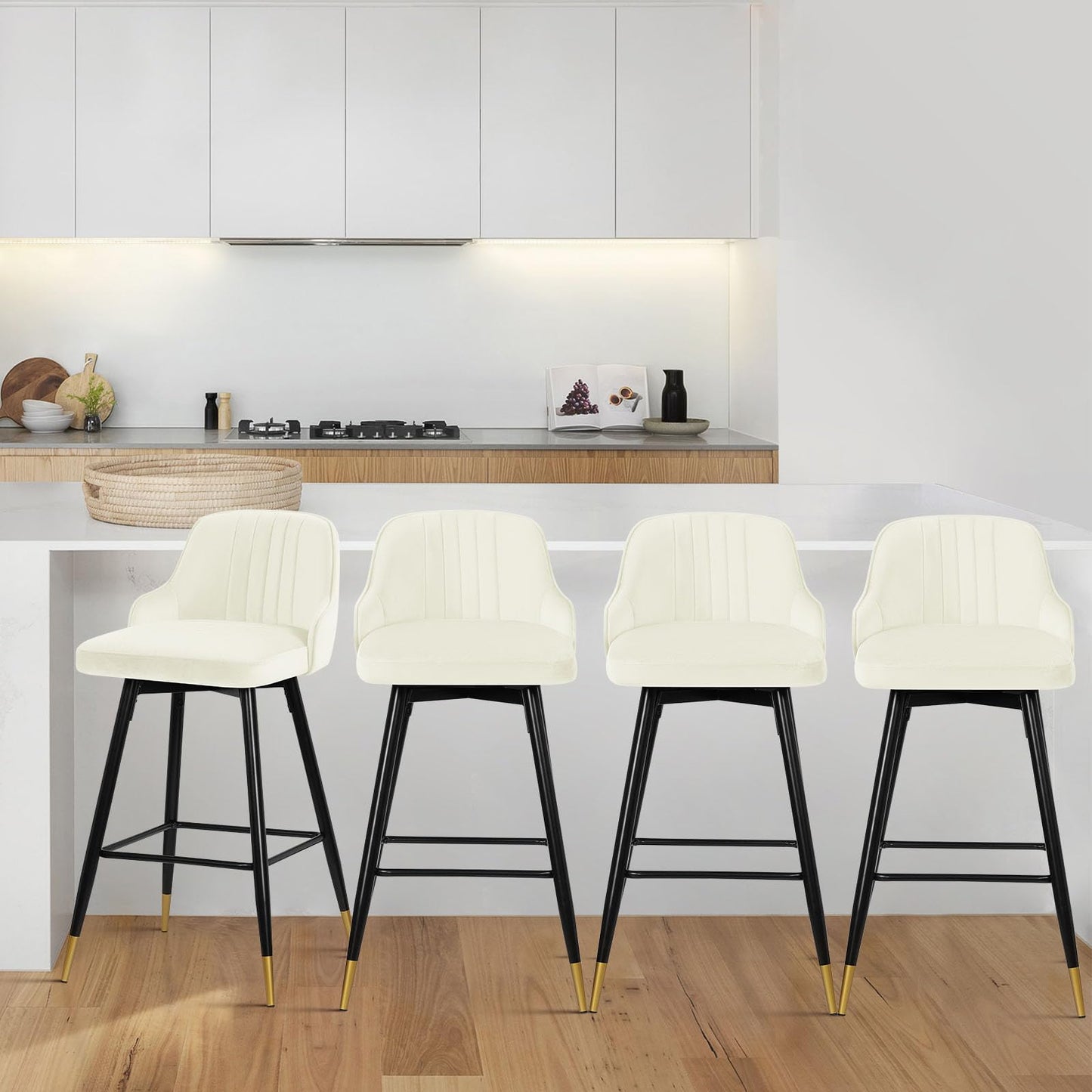 Bekrvio Upgraded Velvet Bar Stools Set of 2 – 360° Swivel Bar Chairs with Back & Footrest, Modern Kitchen Island Breakfast Stools, Support 150kg – New Version, Black