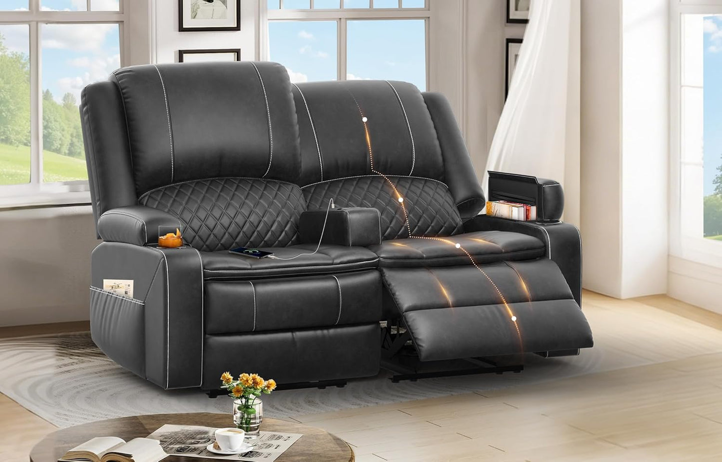 2 Seat Recliner Sofa, Reclining Loveseat with USB Charge Ports, 3 Cup Holders, 2 Side storage Pockets Recliner Love Seat Couches for Living Room, RV