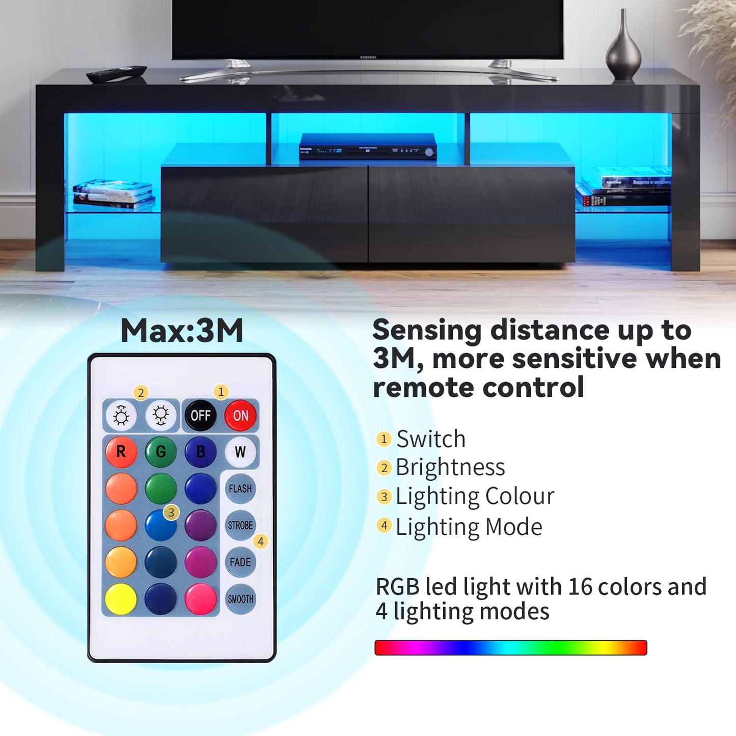 ELEGANT 1200mm LED TV Cabinet Modern White Gloss TV Stand with Ambient Lights for Living Room and Bedroom with Storage Furniture for 32 40 43 50 inch 4k TV