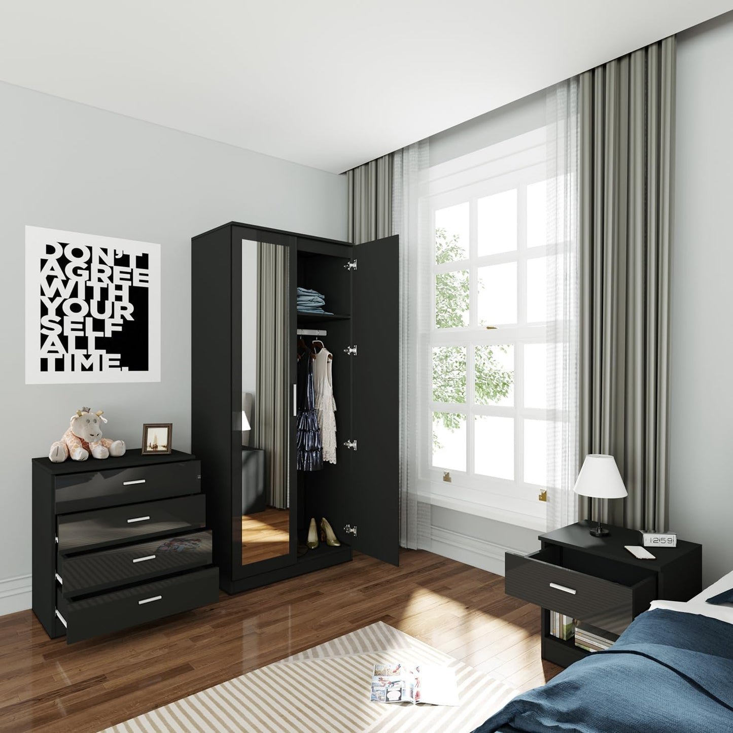 ELEGANT 3 Pieces Bedroom Furniture Sets High Gloss Soft Close Wardrobe with Mirror + 4 Storage Drawer Chest of Drawers Bedside Cabinet, Black and Set