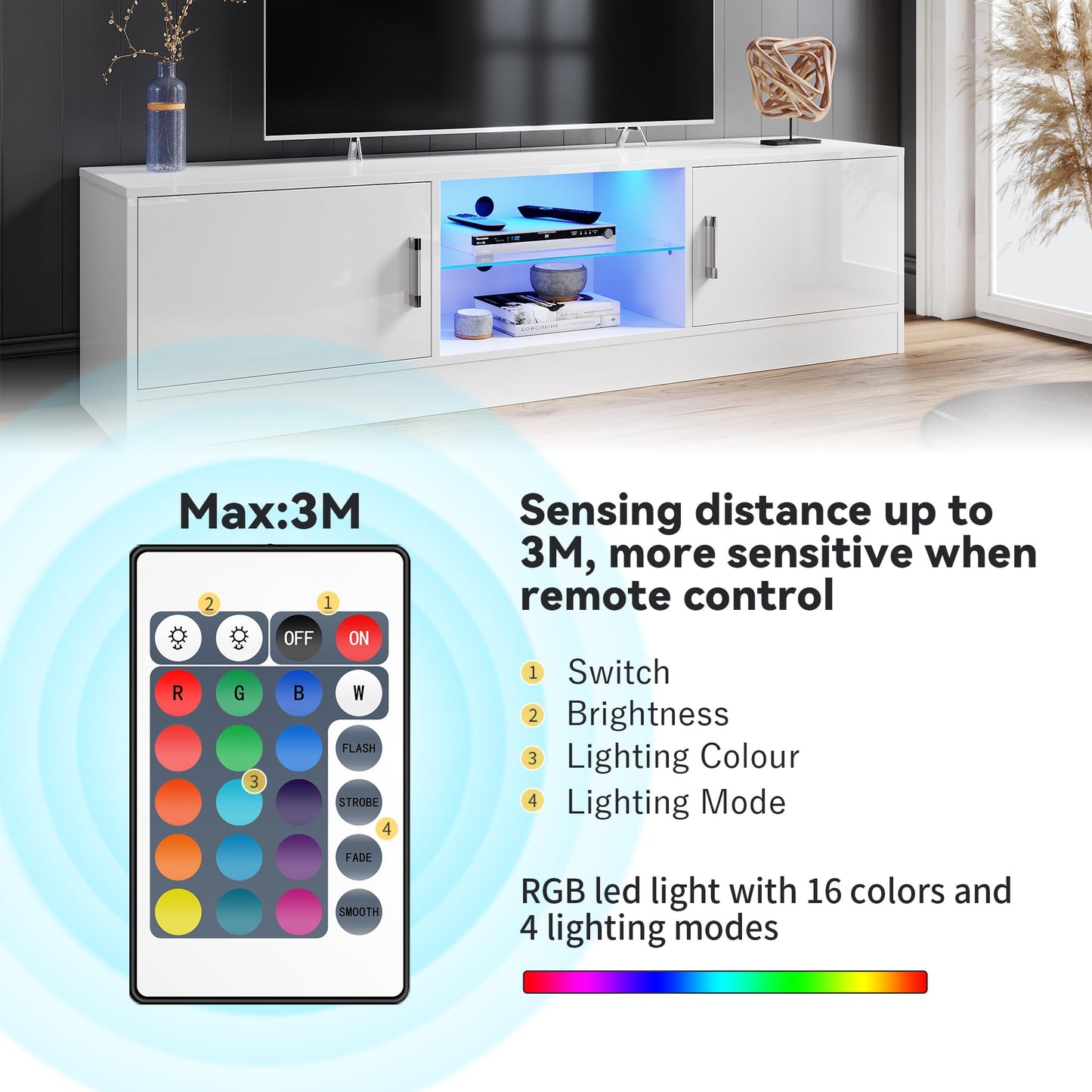 ELEGANT 1200mm LED TV Cabinet Modern White Gloss TV Stand with Ambient Lights for Living Room and Bedroom with Storage Furniture for 32 40 43 50 inch 4k TV
