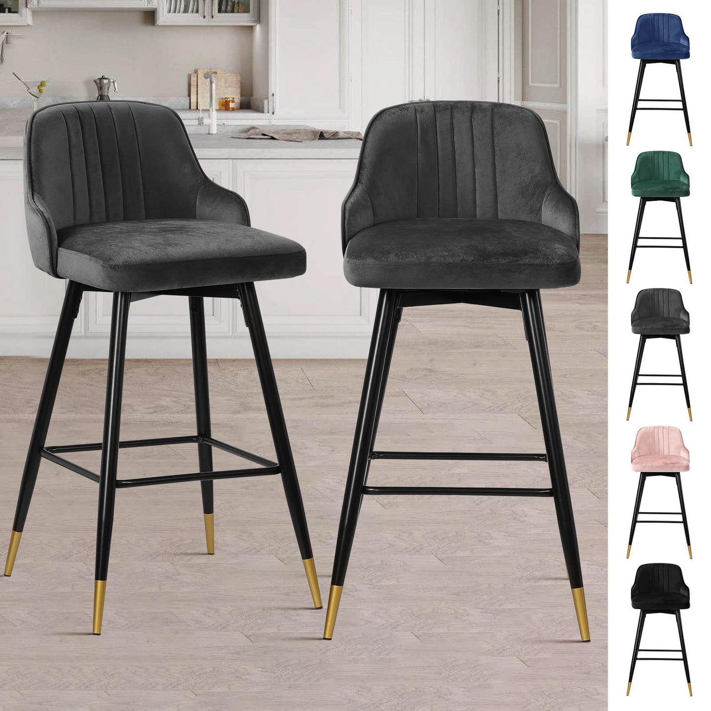 Bekrvio Upgraded Velvet Bar Stools Set of 2 – 360° Swivel Bar Chairs with Back & Footrest, Modern Kitchen Island Breakfast Stools, Support 150kg – New Version, Black