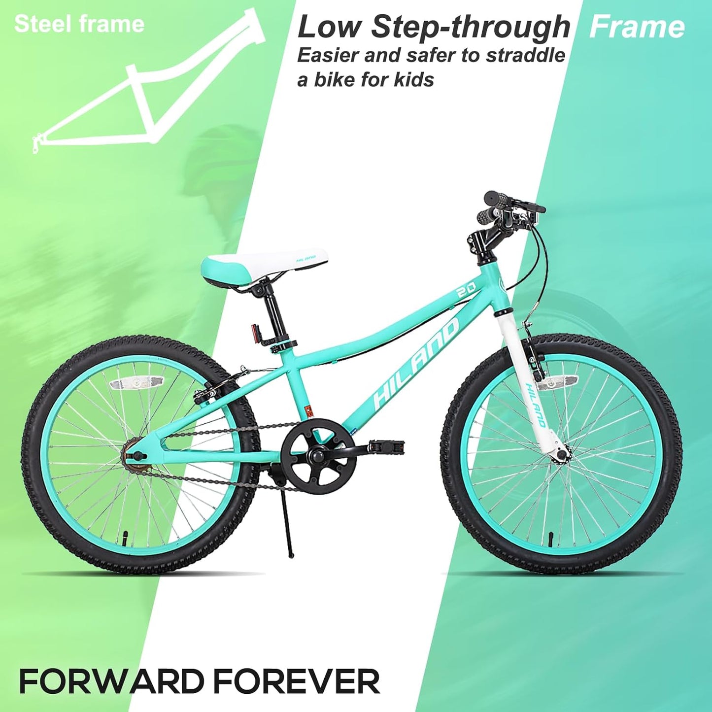 Hiland 20 Inch Mountain Bikr for Kids, Double V Brakes Kids Mountain Bike for Boys Girls, with Kickstand, Mint Green