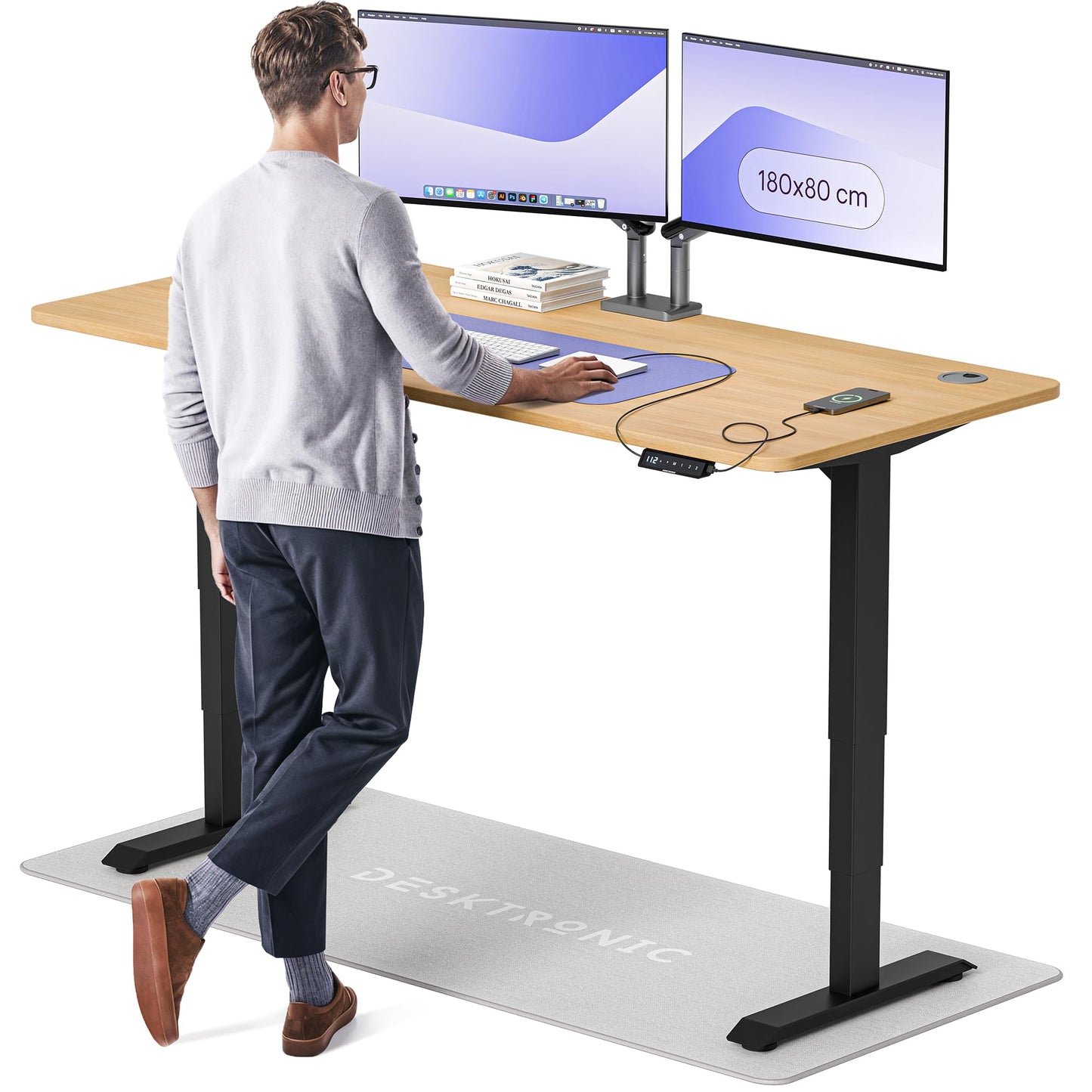 Height-Adjustable Desk 180 x 80cm - Standing Desk - Integrated USB/USB-C - 3 Memory Presets - Dual Motor Electric Touchscreen Stand Up Table - Great Gift for Smart Home Solutions
