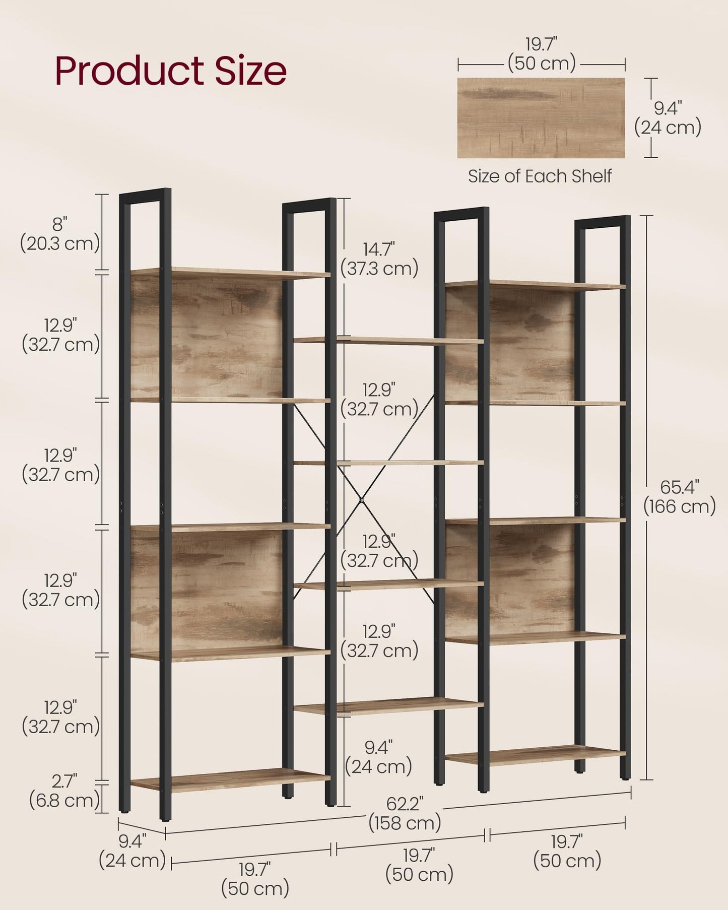 VASAGLE Bookcase, Bookshelf with 14 Shelves, Metal Frame, Shelf Unit for Living Room, Home Office, Industrial Style, 24 x 158 x 166 cm, Rustic Brown and Ink Black LLS107B01
