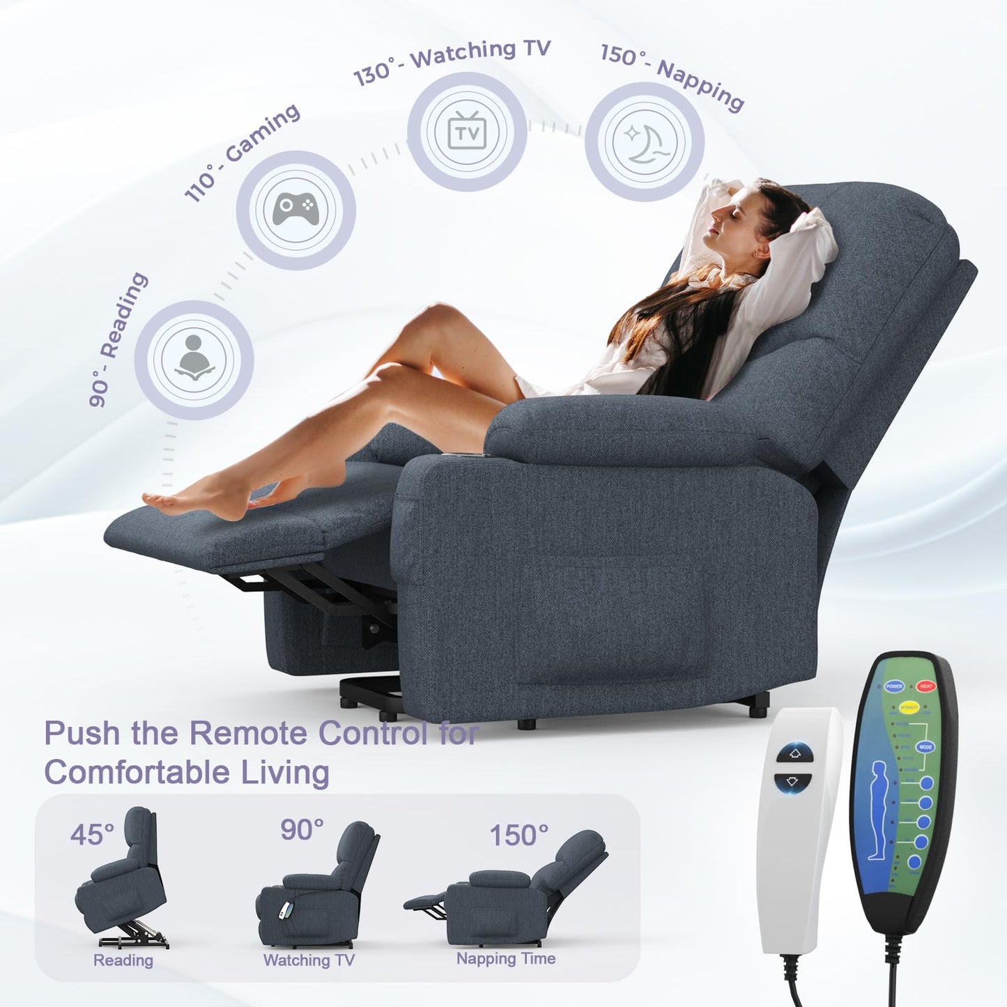 BareTay Recliner Armchair Electric Lift Chair with Massage & Heat, Extended Footrest, Oversized Riser Reclining Chair Lounge Sofa with Type C+USB, 2 Drink Holders, 4 Side Pockets