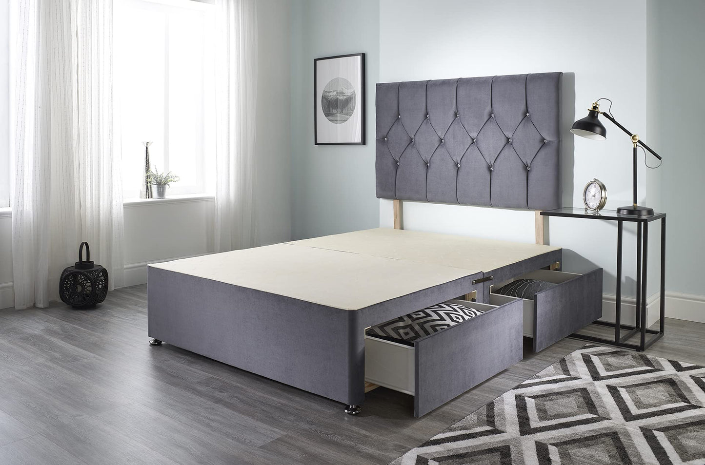 5FT King Size Divan Bed Ziggy Grey Plush Memory Foam Divan Bed Set With Mattress, 2 Drawers (Same Side) and Headboard (King (150cm X 200cm))