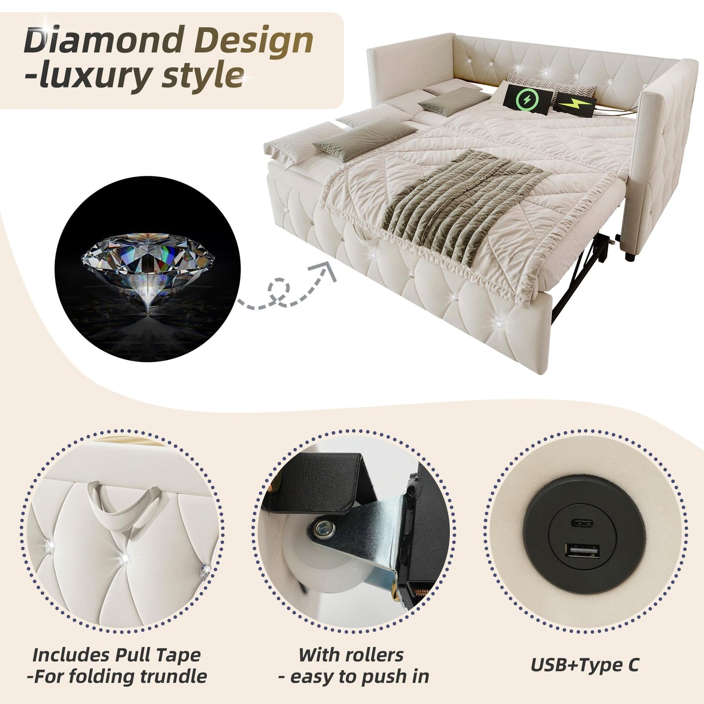 Jtyca Daybed, Trundle Bed, Upholstered Single Bed with Pull Out Bed, Sofa Bed with USB-Type C-Charging Sations, Pull Out Trundle for Living Room and Bedroom, 90 x 190 cm, Velvet, Grey, (No Mattress)
