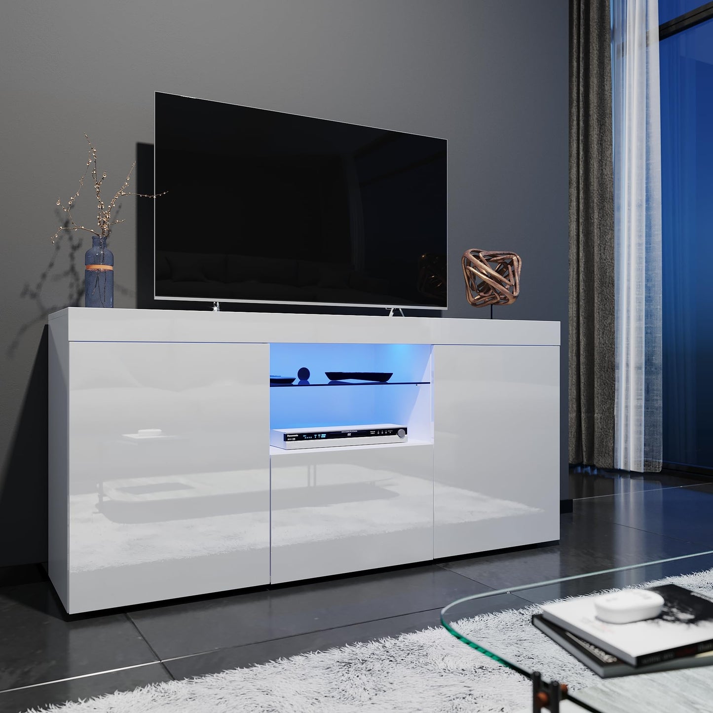 ELEGANT 1200mm LED TV Cabinet Modern White Gloss TV Stand with Ambient Lights for Living Room and Bedroom with Storage Furniture for 32 40 43 50 inch 4k TV