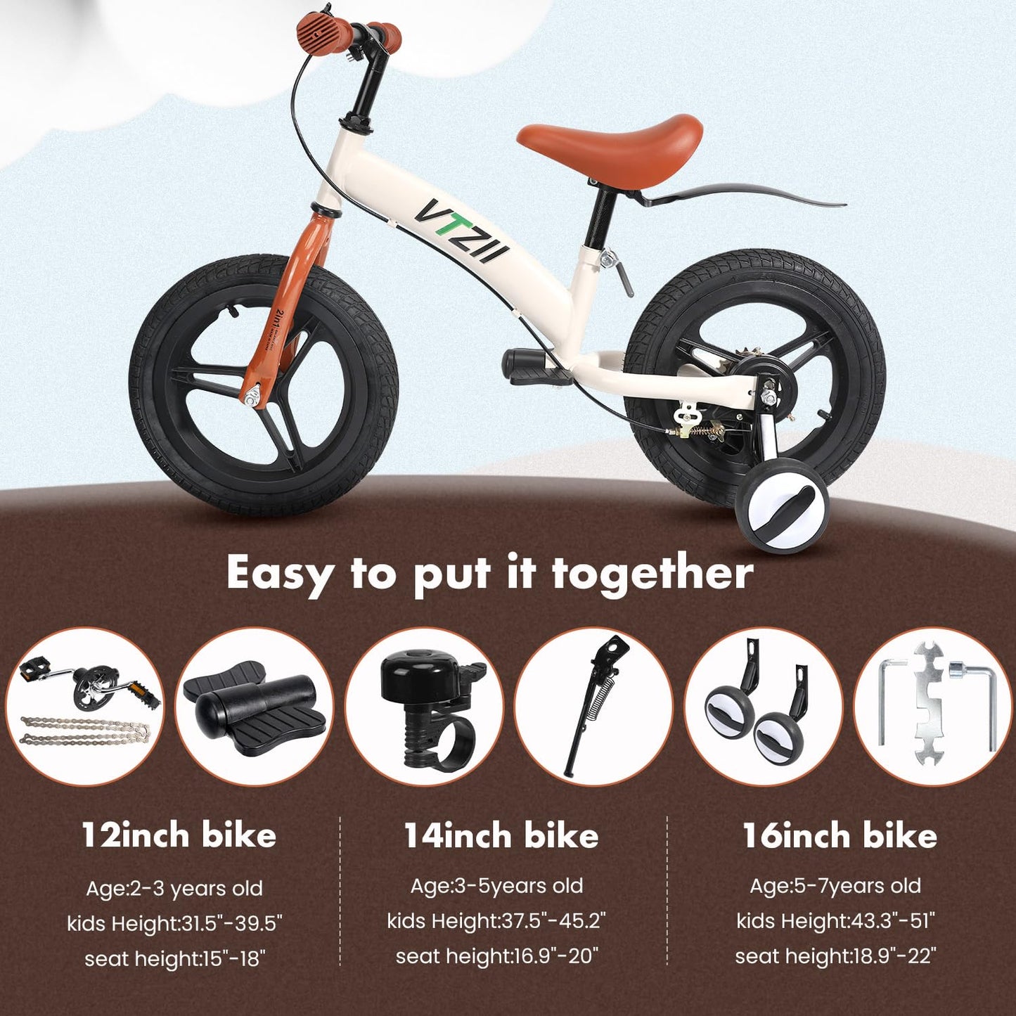 VTZII Balance Bike 2 in 1 with Pedals Brake Training Wheels Kickstand Pneumatic tyre,for Kids 2-7 Years Old,Kids Bike 12 14 16 inch