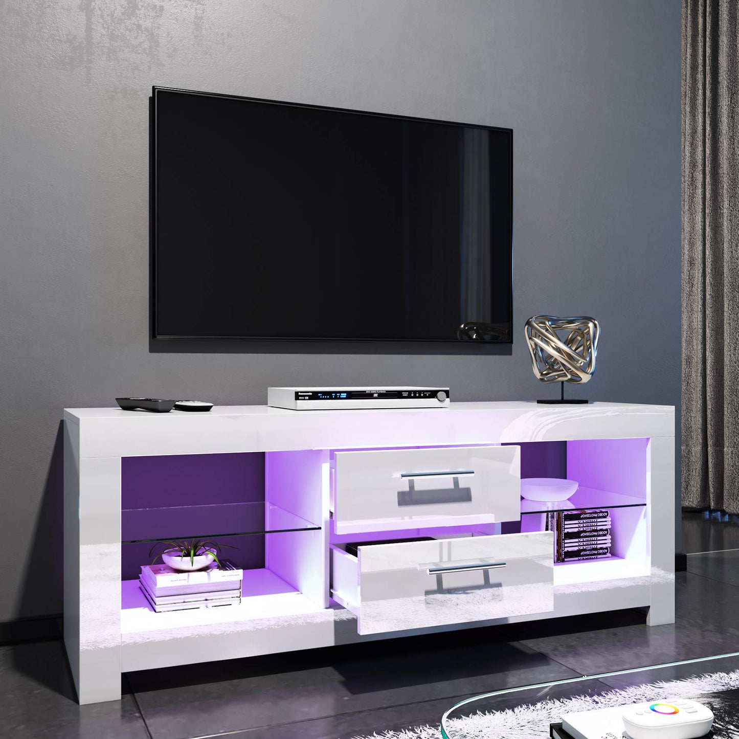 ELEGANT 1200mm LED TV Cabinet Modern White Gloss TV Stand with Ambient Lights for Living Room and Bedroom with Storage Furniture for 32 40 43 50 inch 4k TV