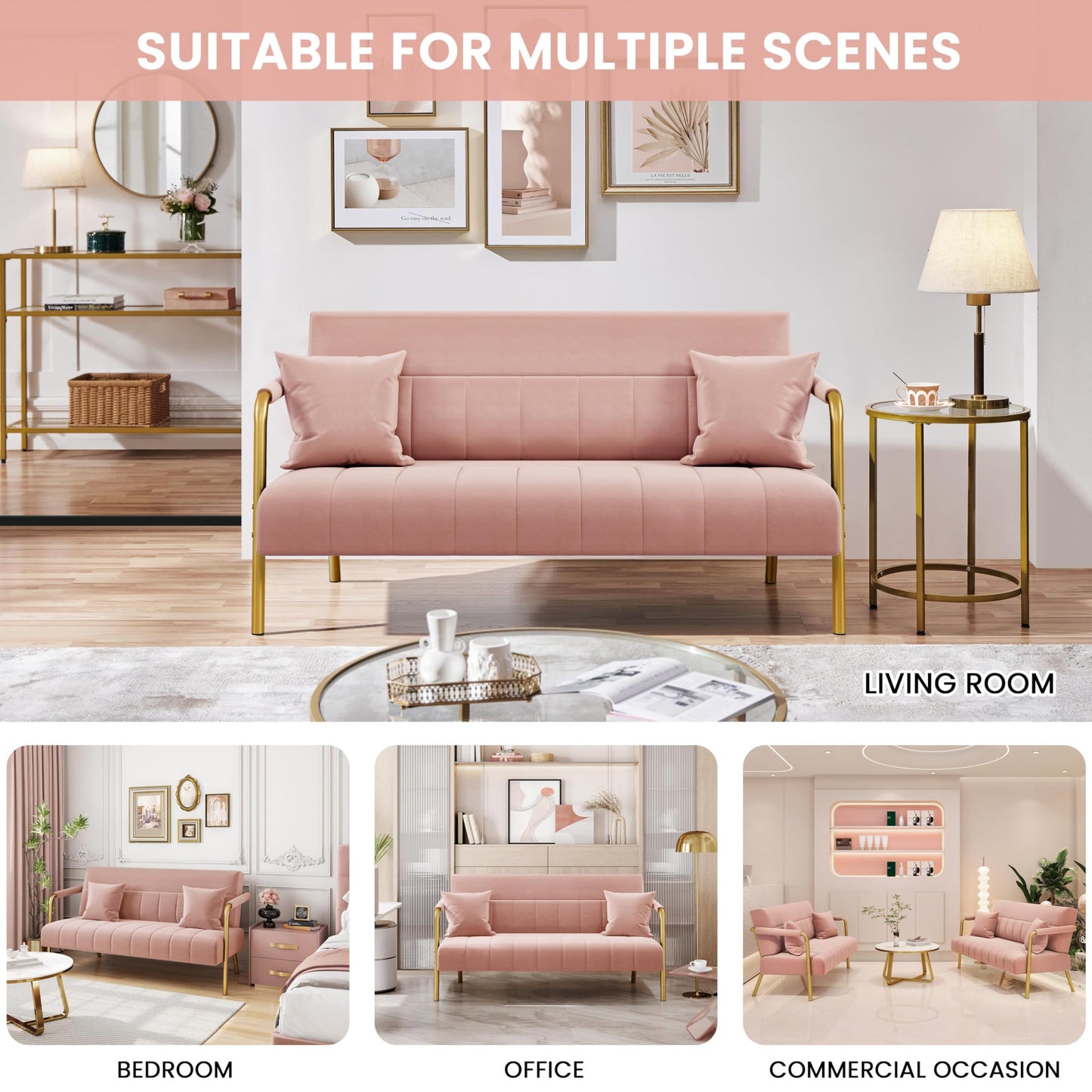 Yaheetech 2 Seater Modern Sofa Velvet Fabric Loveseat with Gold-tone Metal Arms and Legs for Bedroom, Home Office, Studio, Living Room Furniture Pink