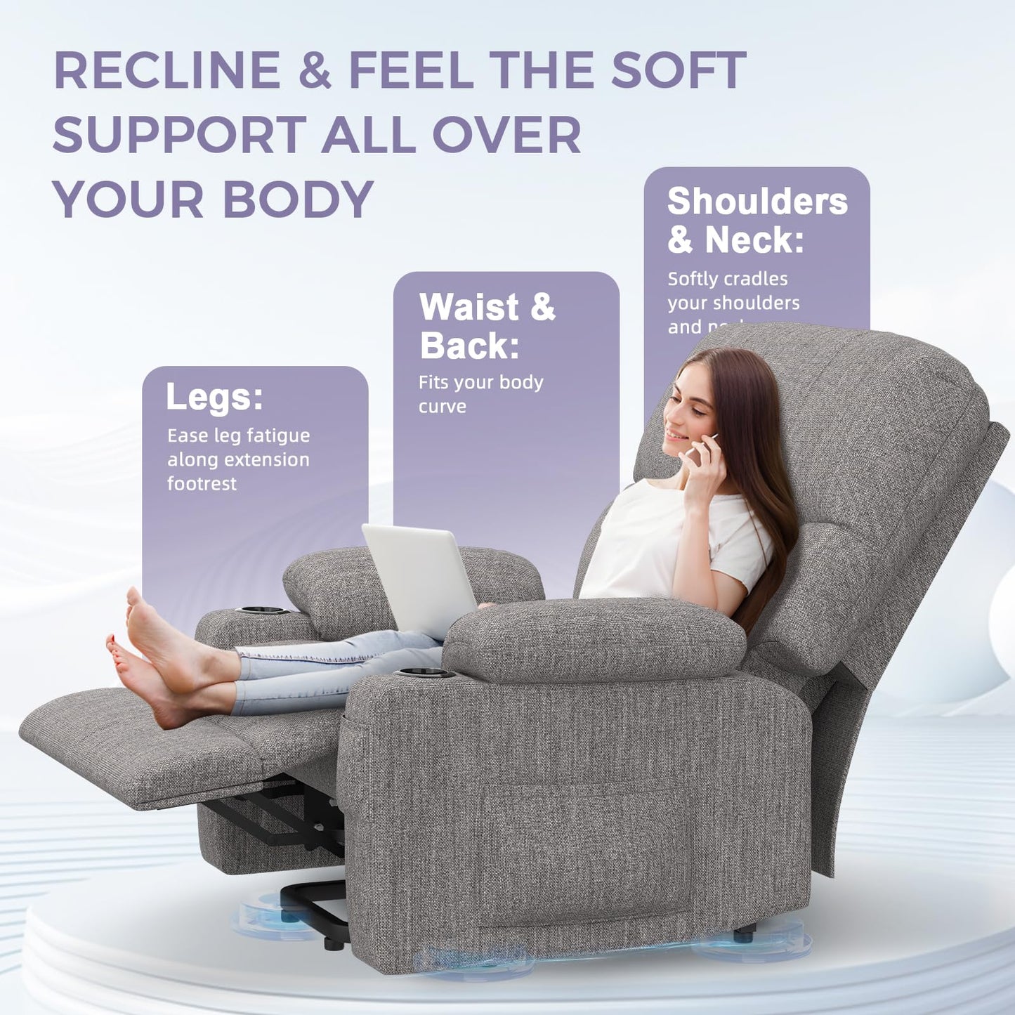 BareTay Recliner Armchair Electric Lift Chair with Massage & Heat, Extended Footrest, Oversized Riser Reclining Chair Lounge Sofa with Type C+USB, 2 Drink Holders, 4 Side Pockets