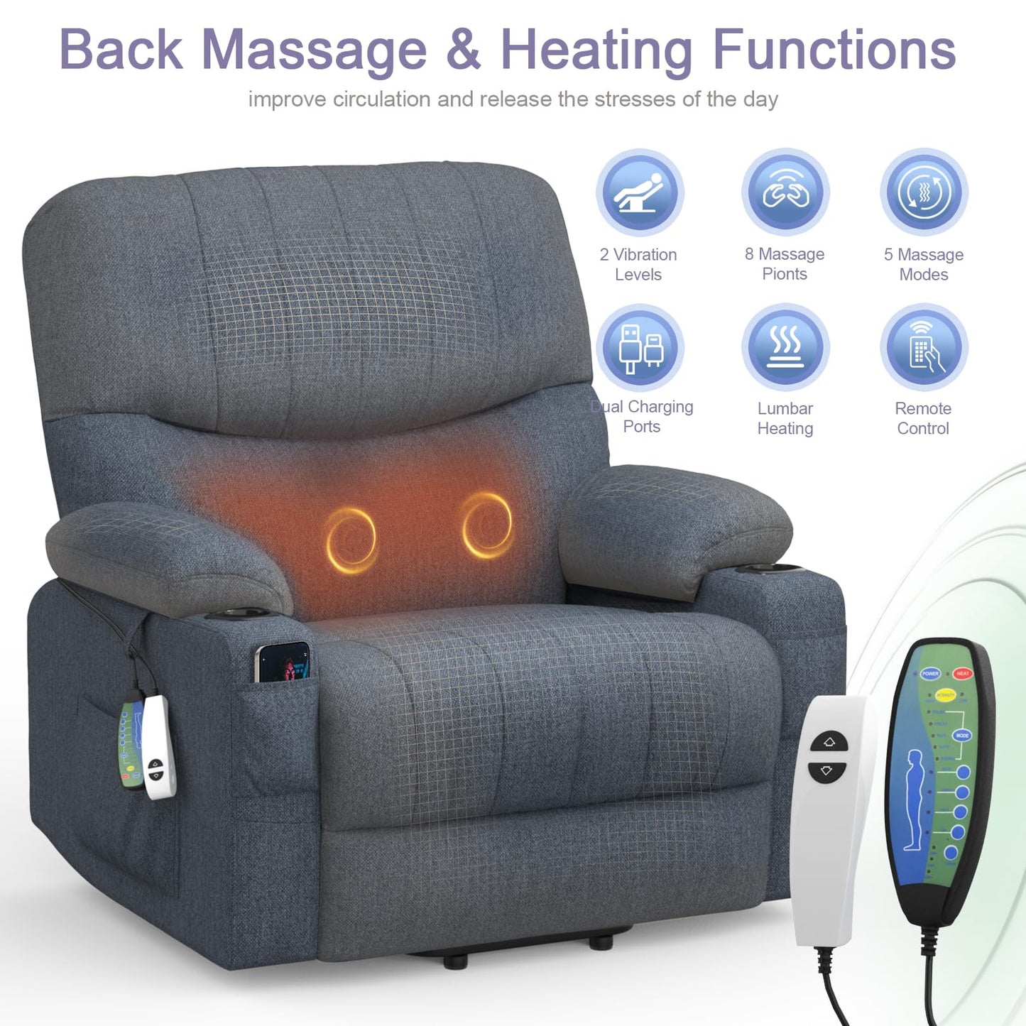 BareTay Recliner Armchair Electric Lift Chair with Massage & Heat, Extended Footrest, Oversized Riser Reclining Chair Lounge Sofa with Type C+USB, 2 Drink Holders, 4 Side Pockets