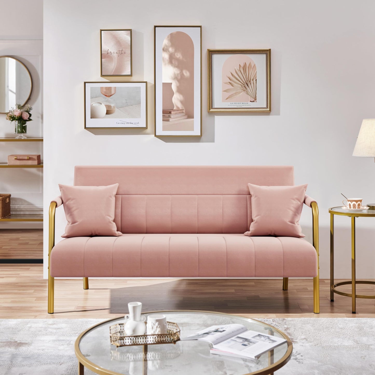 Yaheetech 2 Seater Modern Sofa Velvet Fabric Loveseat with Gold-tone Metal Arms and Legs for Bedroom, Home Office, Studio, Living Room Furniture Pink