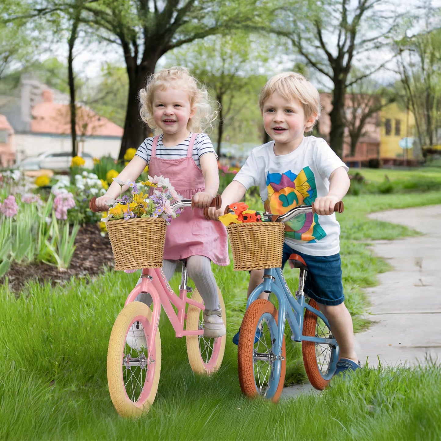 H.yeed 14 Inch Kids Balance Bike, Lightweight Height-adjustable Push Bike with Removable Basket and Rubber Air Tires, Toddler Training Bike for 3-6 Years Old Boys Girls(No Flower)
