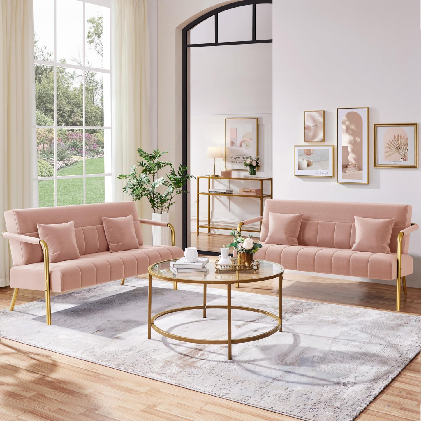 Yaheetech 2 Seater Modern Sofa Velvet Fabric Loveseat with Gold-tone Metal Arms and Legs for Bedroom, Home Office, Studio, Living Room Furniture Pink