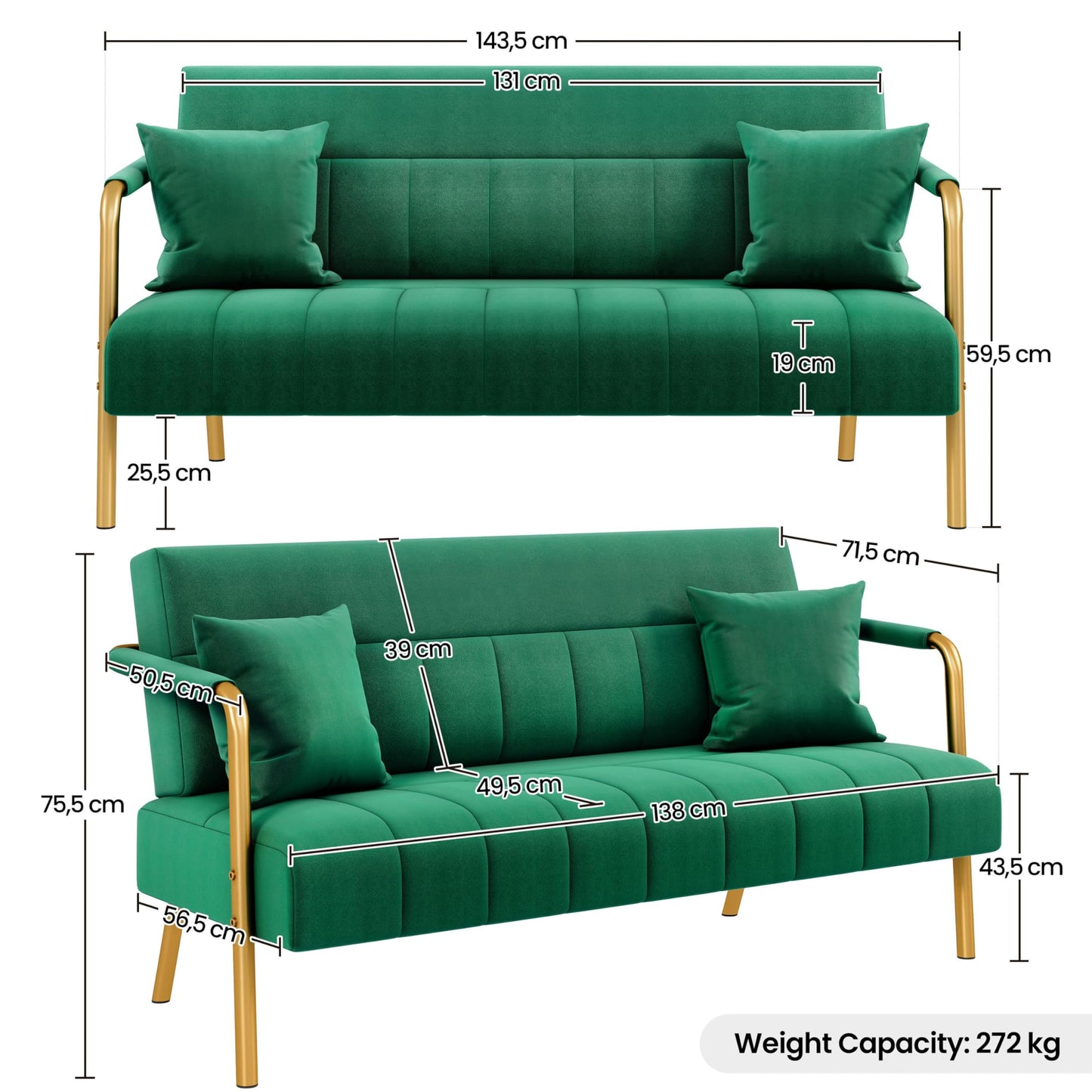 Yaheetech 2 Seater Modern Sofa Velvet Fabric Loveseat with Gold-tone Metal Arms and Legs for Bedroom, Home Office, Studio, Living Room Furniture Pink