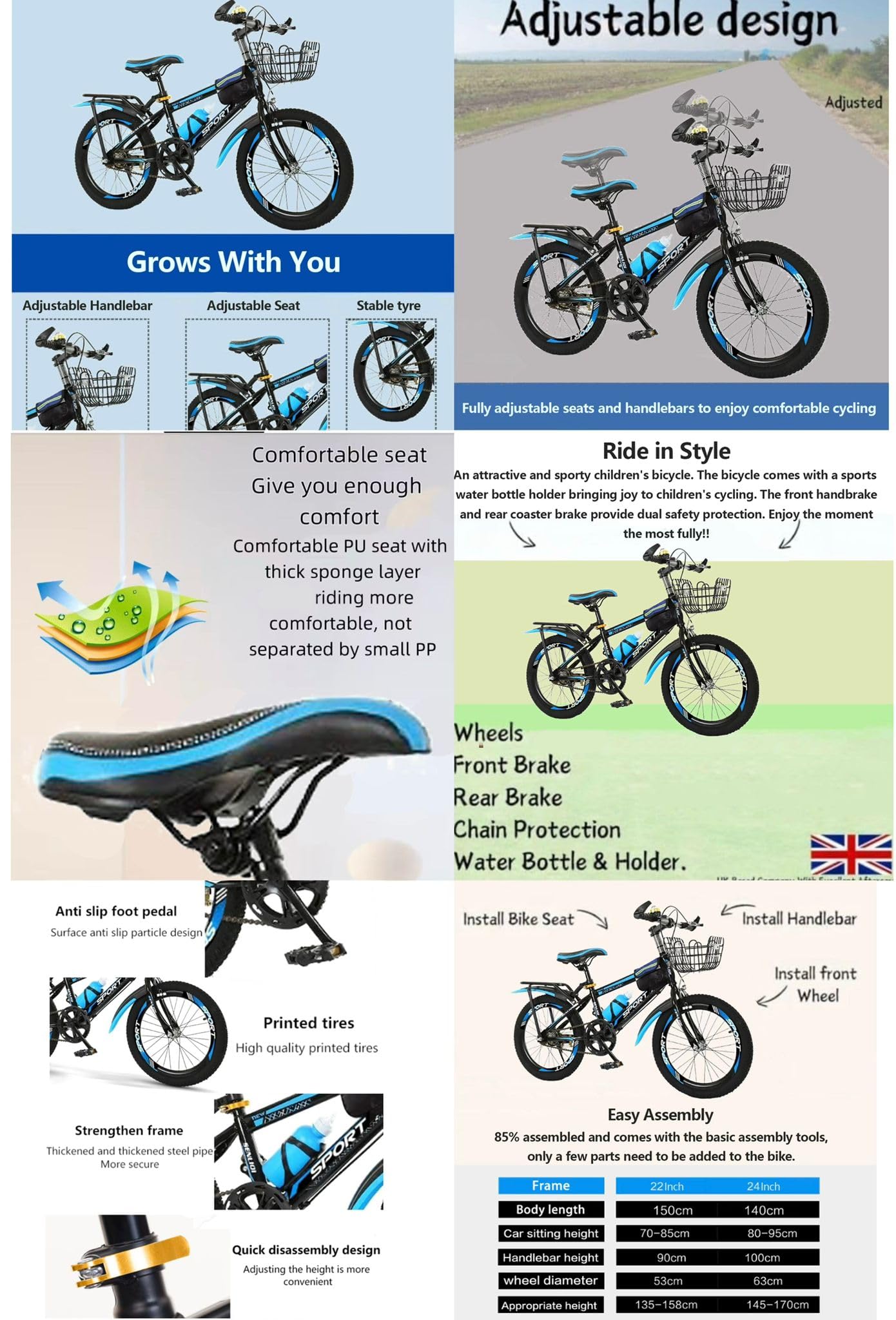Kids Bike, Unisex Girls Boys Mountain Bike, 22" 24” Bike, Road Bike, Children’s Training Bicycle, Height Adjustable Bike, Sport Bike, Double Break, Tool Kit Included 6 to 12 Year Olds New!