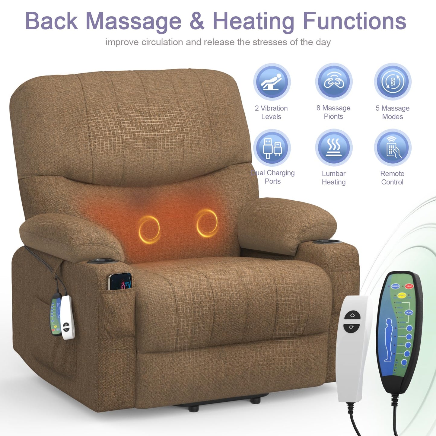 BareTay Recliner Armchair Electric Lift Chair with Massage & Heat, Extended Footrest, Oversized Riser Reclining Chair Lounge Sofa with Type C+USB, 2 Drink Holders, 4 Side Pockets