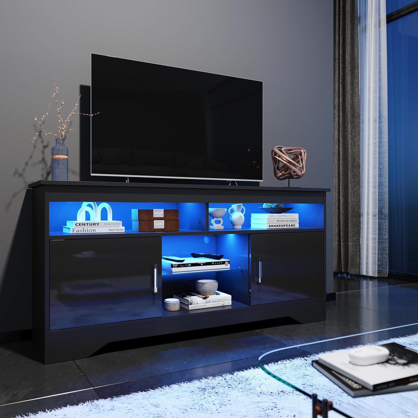 ELEGANT 1200mm LED TV Cabinet Modern White Gloss TV Stand with Ambient Lights for Living Room and Bedroom with Storage Furniture for 32 40 43 50 inch 4k TV