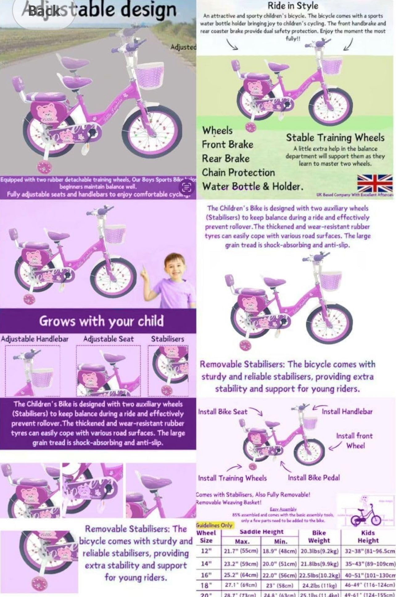 Girls Bike Purple, 12/14/16/18/20 Inch, Kids Bike, Purple Children's Bicycle, Kids Bicycle, Child Road Bike, Adjustable Bike 2-12 Years Old, Training Wheel, Stabilisers, Basket, Tool Kit