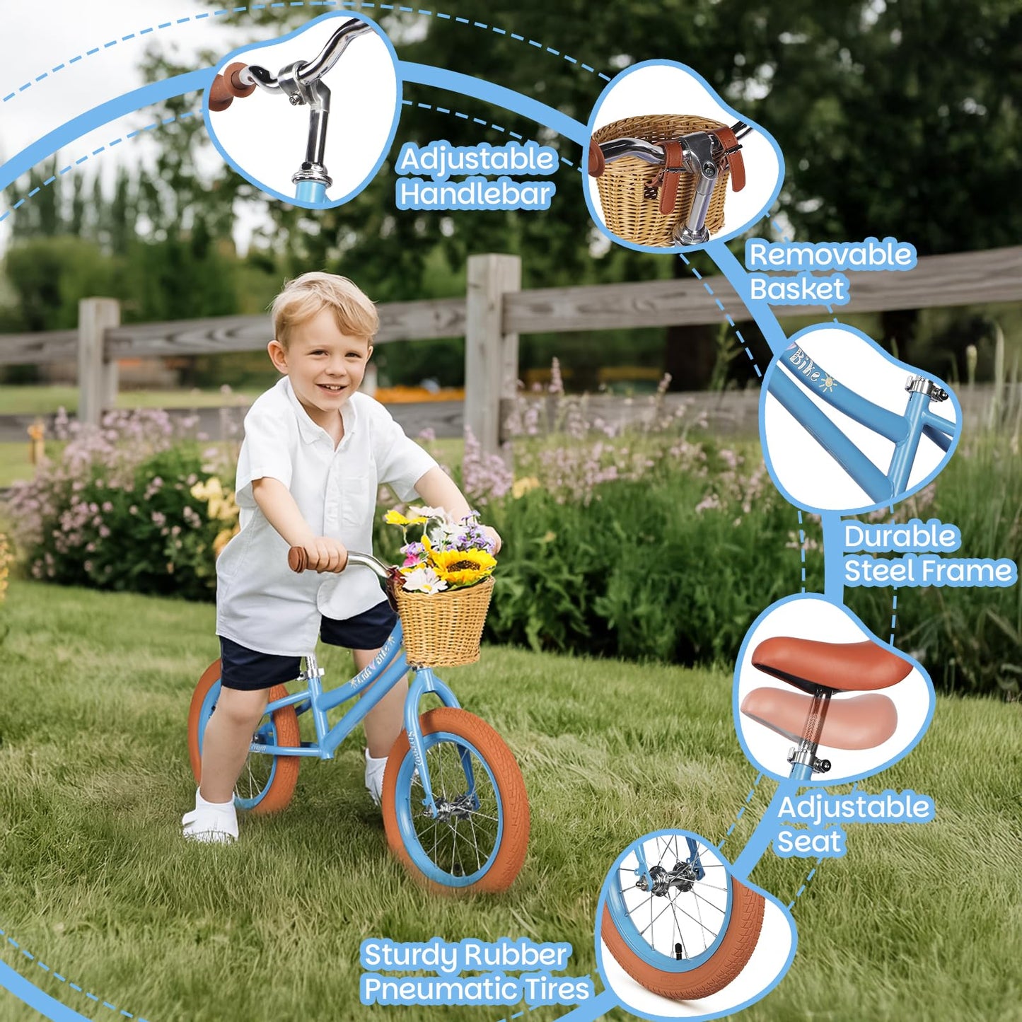H.yeed 14 Inch Kids Balance Bike, Lightweight Height-adjustable Push Bike with Removable Basket and Rubber Air Tires, Toddler Training Bike for 3-6 Years Old Boys Girls(No Flower)