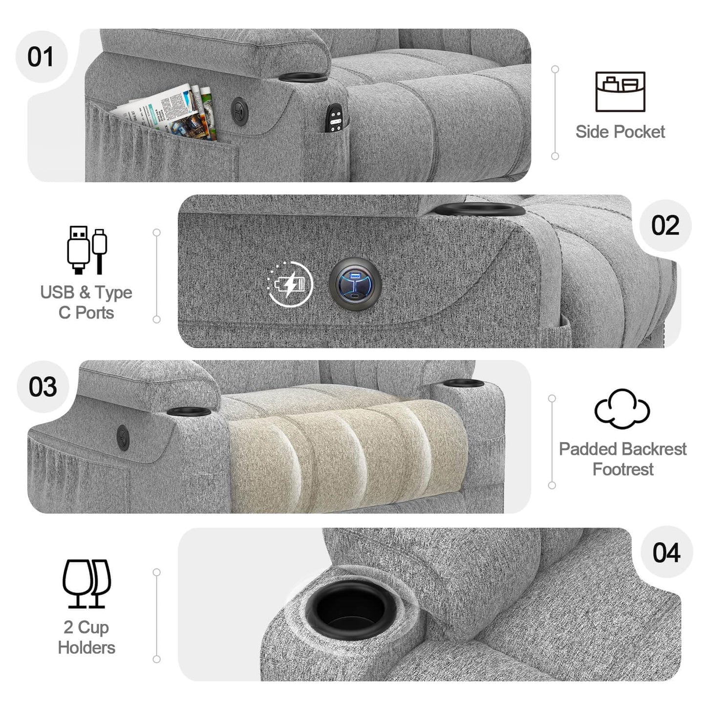 Recliner Armchair-Set of 3, Lift Chair For the Elderly, Power Recliner Chair with Massage & Heat, Extended Footrest, Type C+USB Ports, 2 Cup Holders, Dual Side Pockets Reclining Chairs