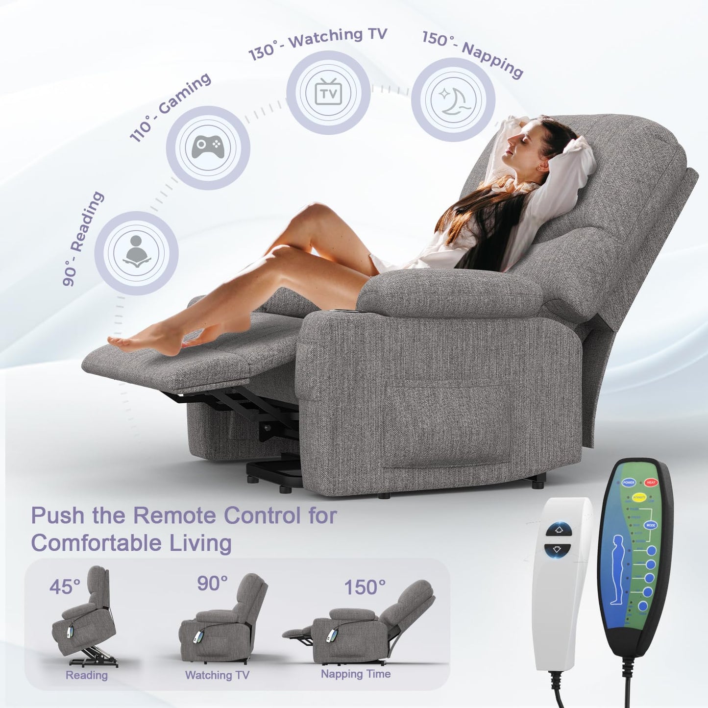 BareTay Recliner Armchair Electric Lift Chair with Massage & Heat, Extended Footrest, Oversized Riser Reclining Chair Lounge Sofa with Type C+USB, 2 Drink Holders, 4 Side Pockets
