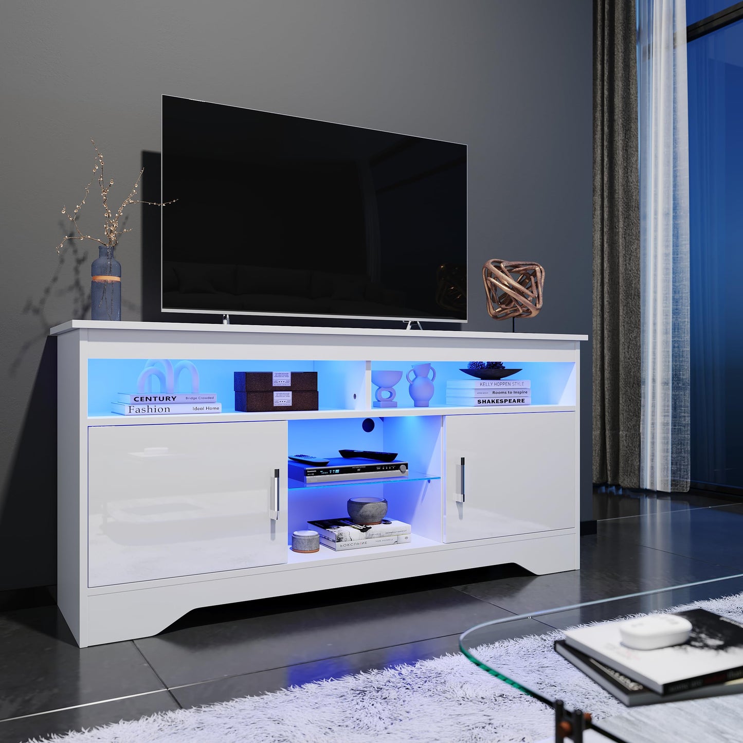 ELEGANT 1200mm LED TV Cabinet Modern White Gloss TV Stand with Ambient Lights for Living Room and Bedroom with Storage Furniture for 32 40 43 50 inch 4k TV