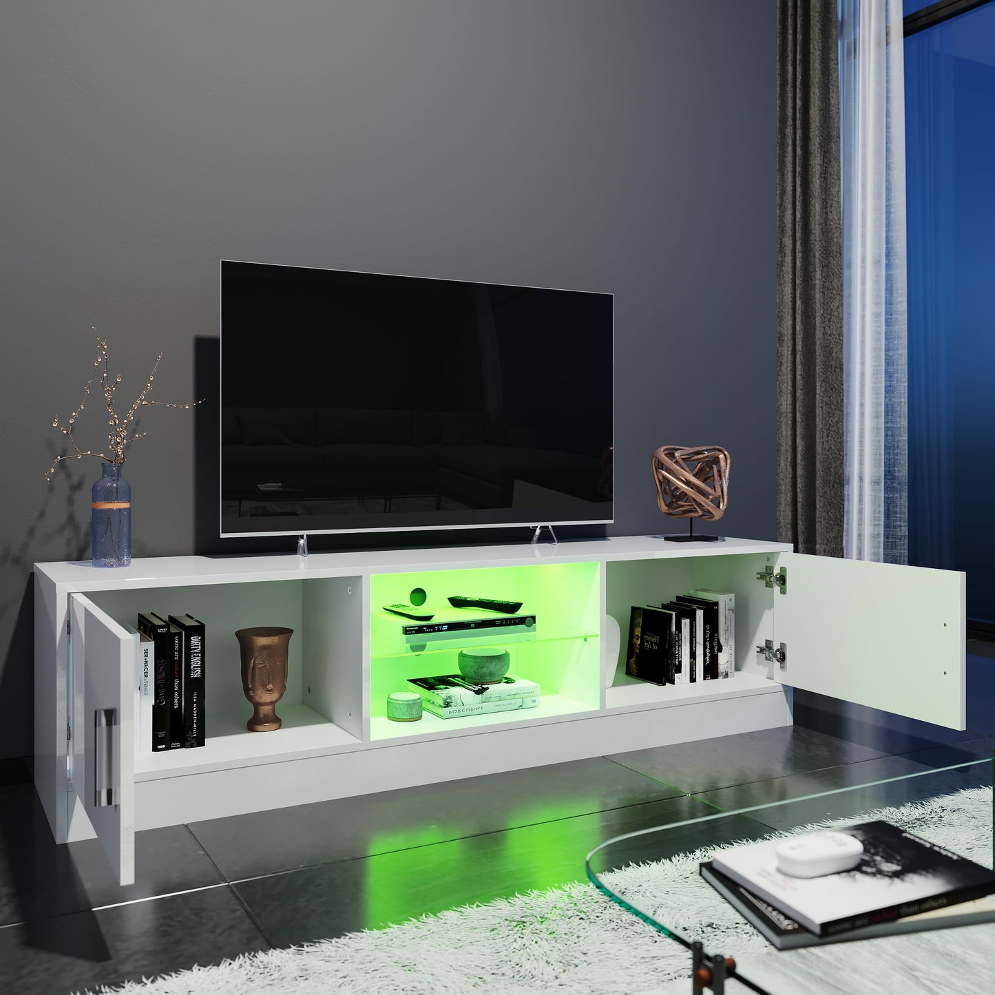 ELEGANT 1200mm LED TV Cabinet Modern White Gloss TV Stand with Ambient Lights for Living Room and Bedroom with Storage Furniture for 32 40 43 50 inch 4k TV