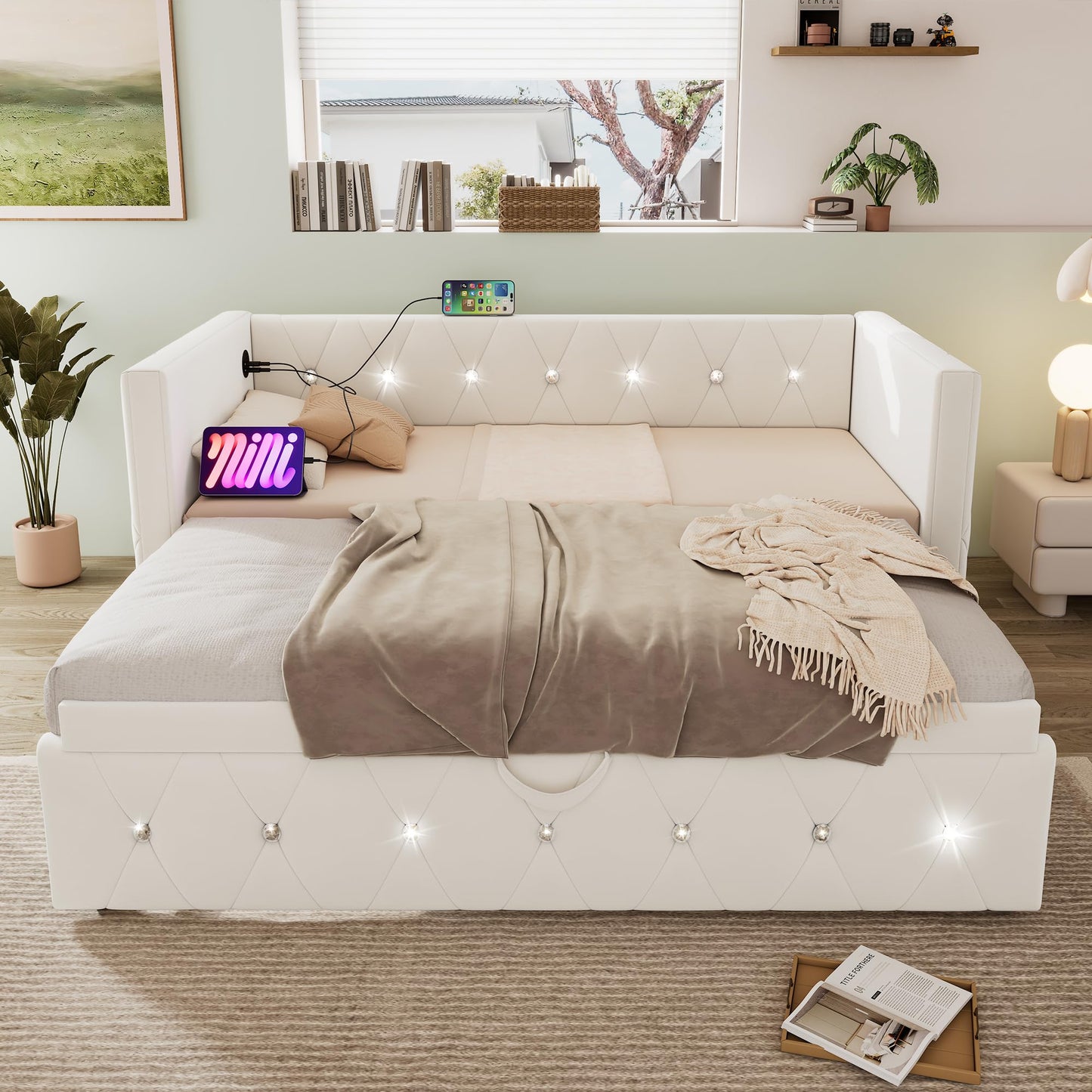Jtyca Daybed, Trundle Bed, Upholstered Single Bed with Pull Out Bed, Sofa Bed with USB-Type C-Charging Sations, Pull Out Trundle for Living Room and Bedroom, 90 x 190 cm, Velvet, Grey, (No Mattress)
