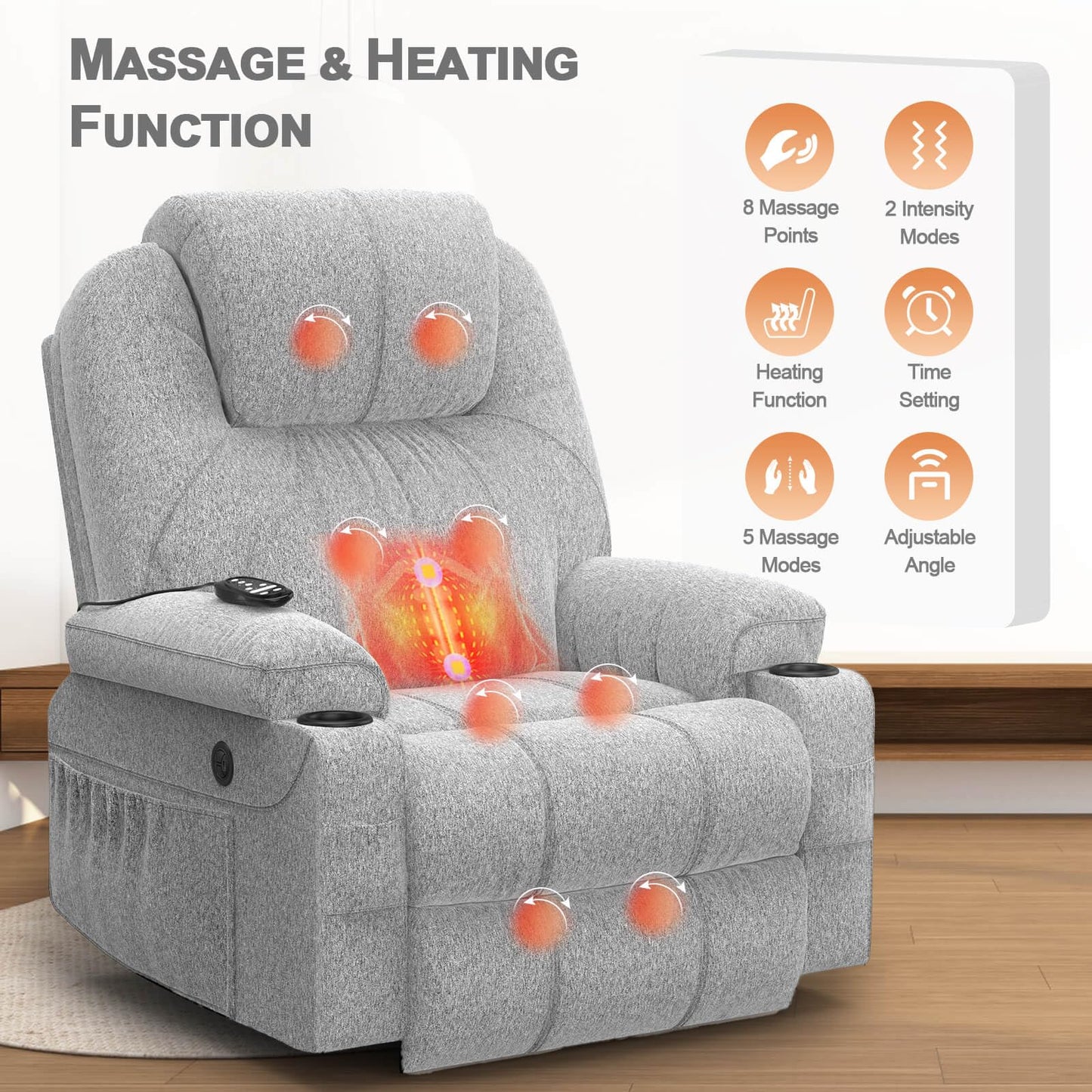 Recliner Armchair-Set of 3, Lift Chair For the Elderly, Power Recliner Chair with Massage & Heat, Extended Footrest, Type C+USB Ports, 2 Cup Holders, Dual Side Pockets Reclining Chairs