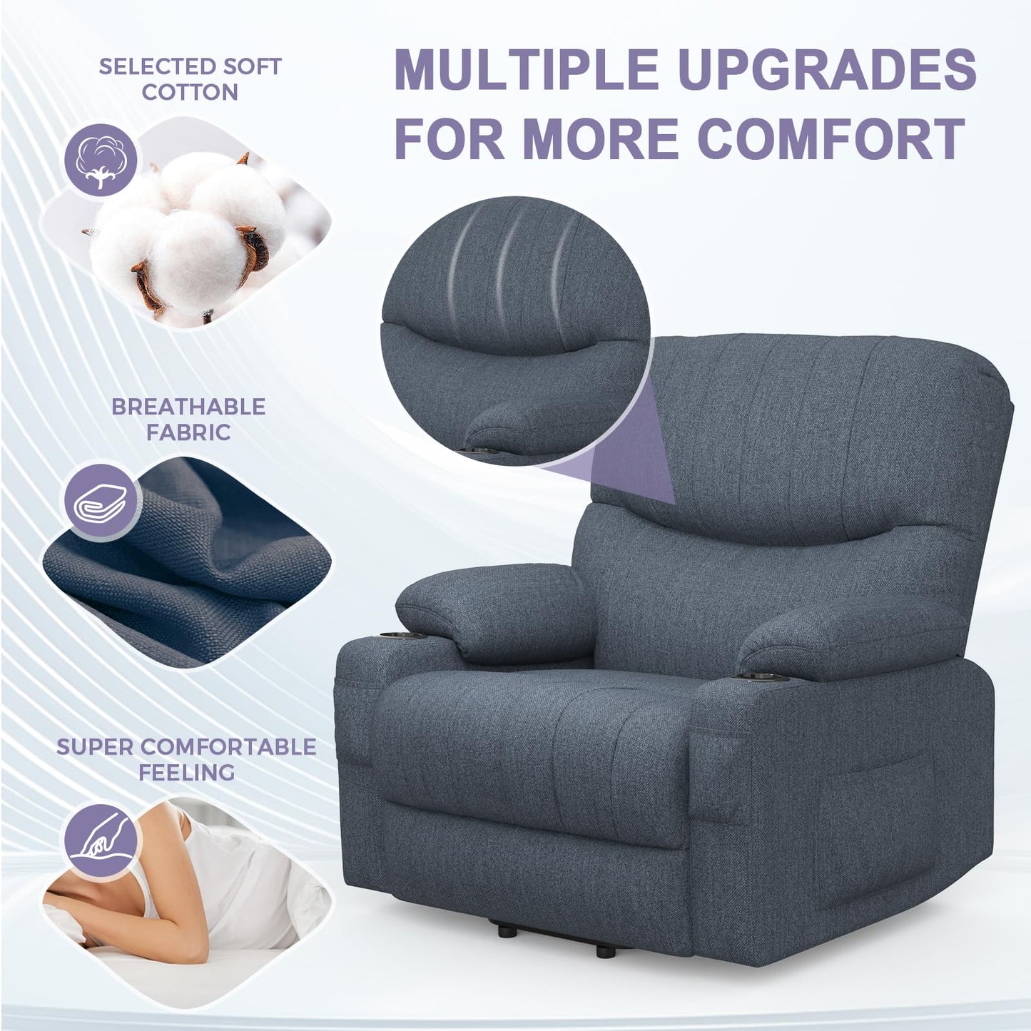 BareTay Recliner Armchair Electric Lift Chair with Massage & Heat, Extended Footrest, Oversized Riser Reclining Chair Lounge Sofa with Type C+USB, 2 Drink Holders, 4 Side Pockets