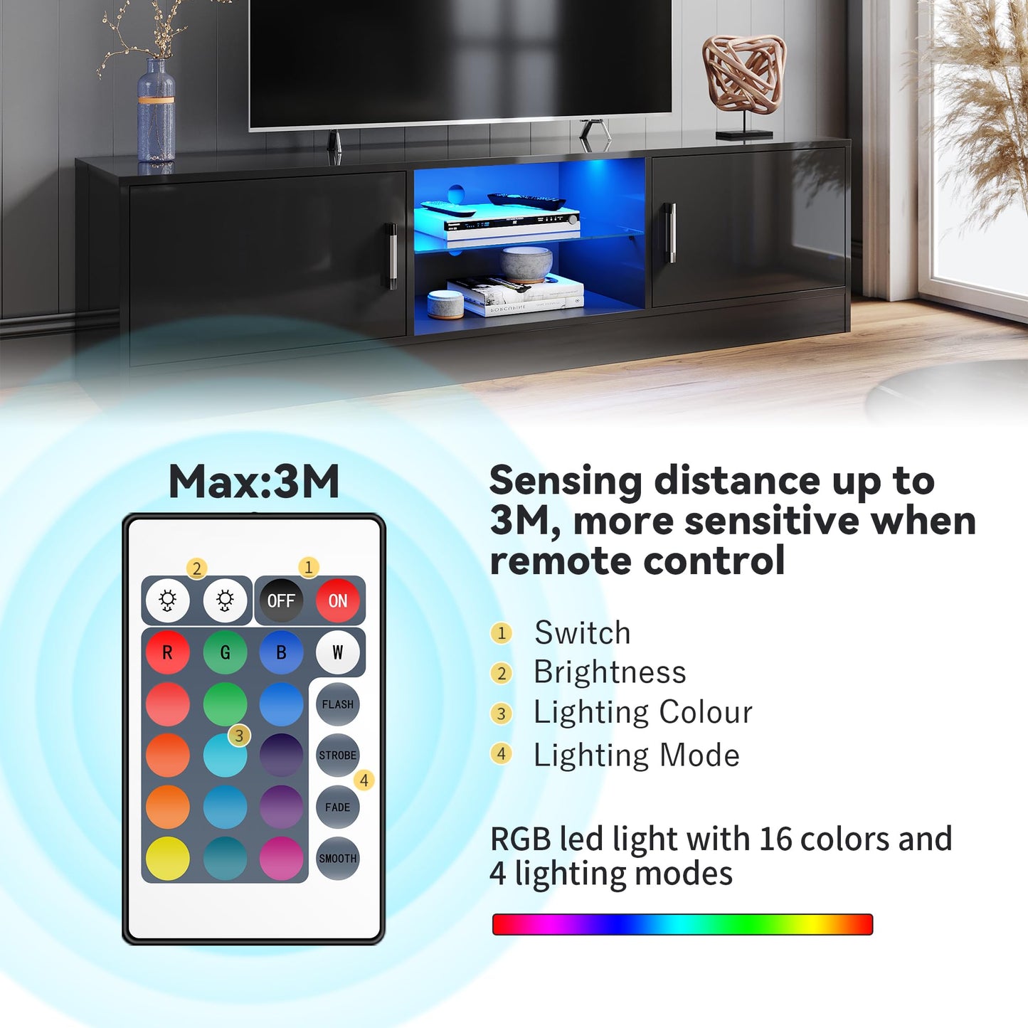 ELEGANT 1200mm LED TV Cabinet Modern White Gloss TV Stand with Ambient Lights for Living Room and Bedroom with Storage Furniture for 32 40 43 50 inch 4k TV
