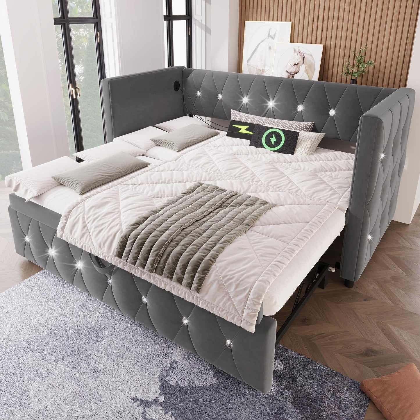 Jtyca Daybed, Trundle Bed, Upholstered Single Bed with Pull Out Bed, Sofa Bed with USB-Type C-Charging Sations, Pull Out Trundle for Living Room and Bedroom, 90 x 190 cm, Velvet, Grey, (No Mattress)