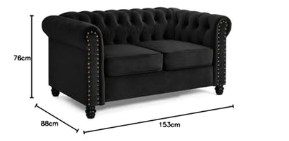 Chesterfield Sofa Velvet Upholstered Couch in 2 Seater or 3 Seater Fabric Sofa in Grey, Blue, Black, Green, Gold (2 Seater, Black)