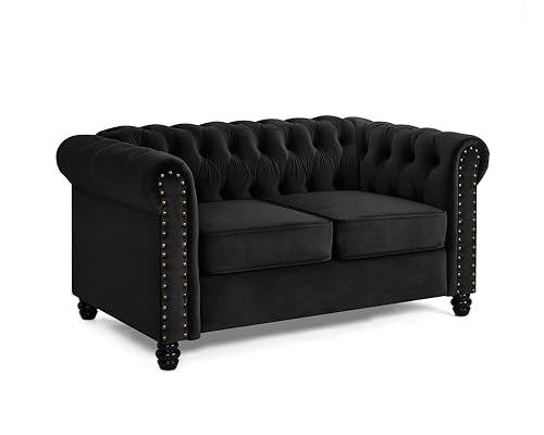 Chesterfield Sofa Velvet Upholstered Couch in 2 Seater or 3 Seater Fabric Sofa in Grey, Blue, Black, Green, Gold (2 Seater, Black)