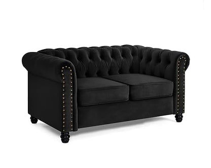 Chesterfield Sofa Velvet Upholstered Couch in 2 Seater or 3 Seater Fabric Sofa in Grey, Blue, Black, Green, Gold (2 Seater, Black)
